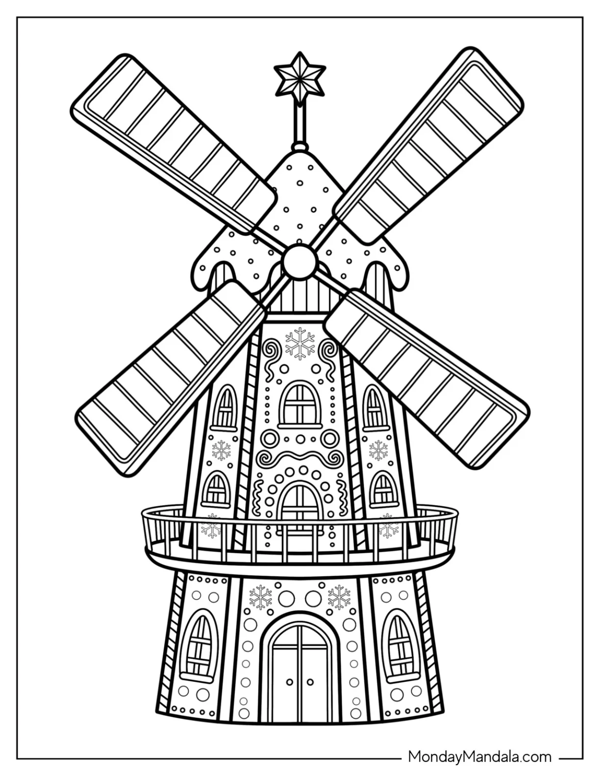Gingerbread House Coloring Page of Windmill with Candy Decorations and Star Topper coloring page — printable line art