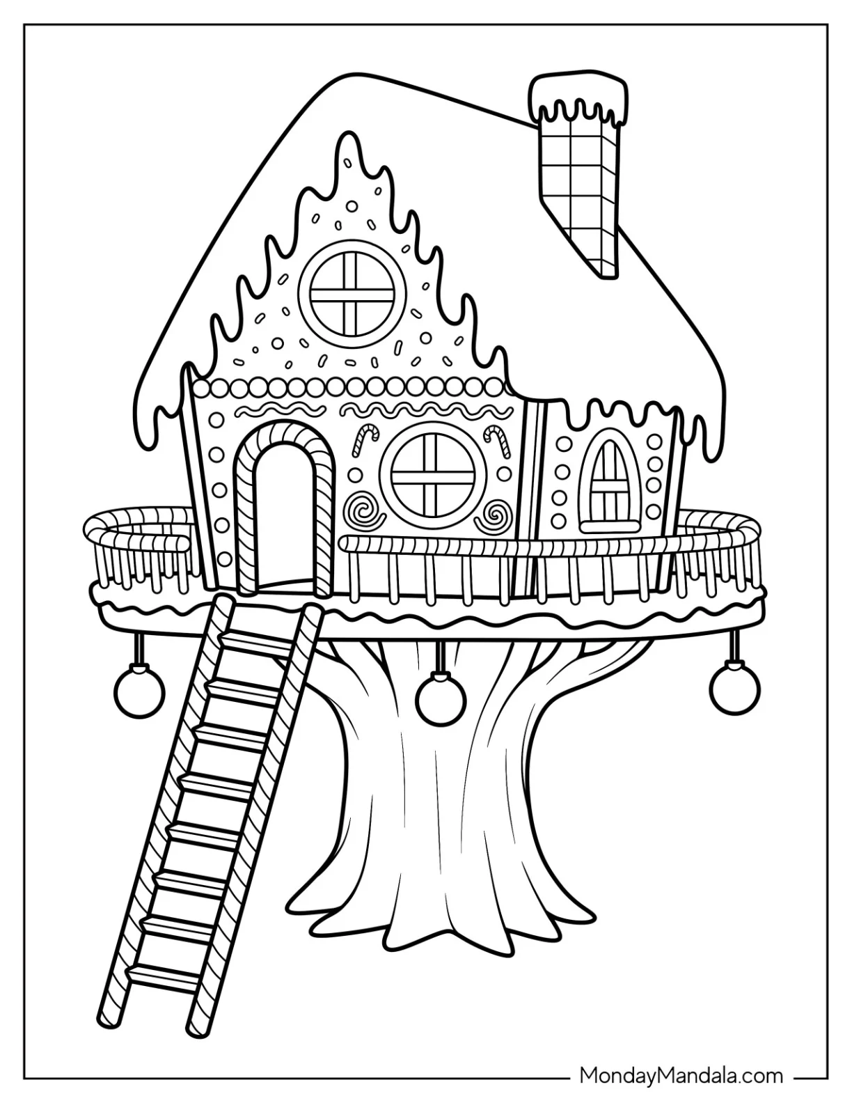 Gingerbread House Coloring Page with Candy Cane Ladder for Kids coloring page — printable line art
