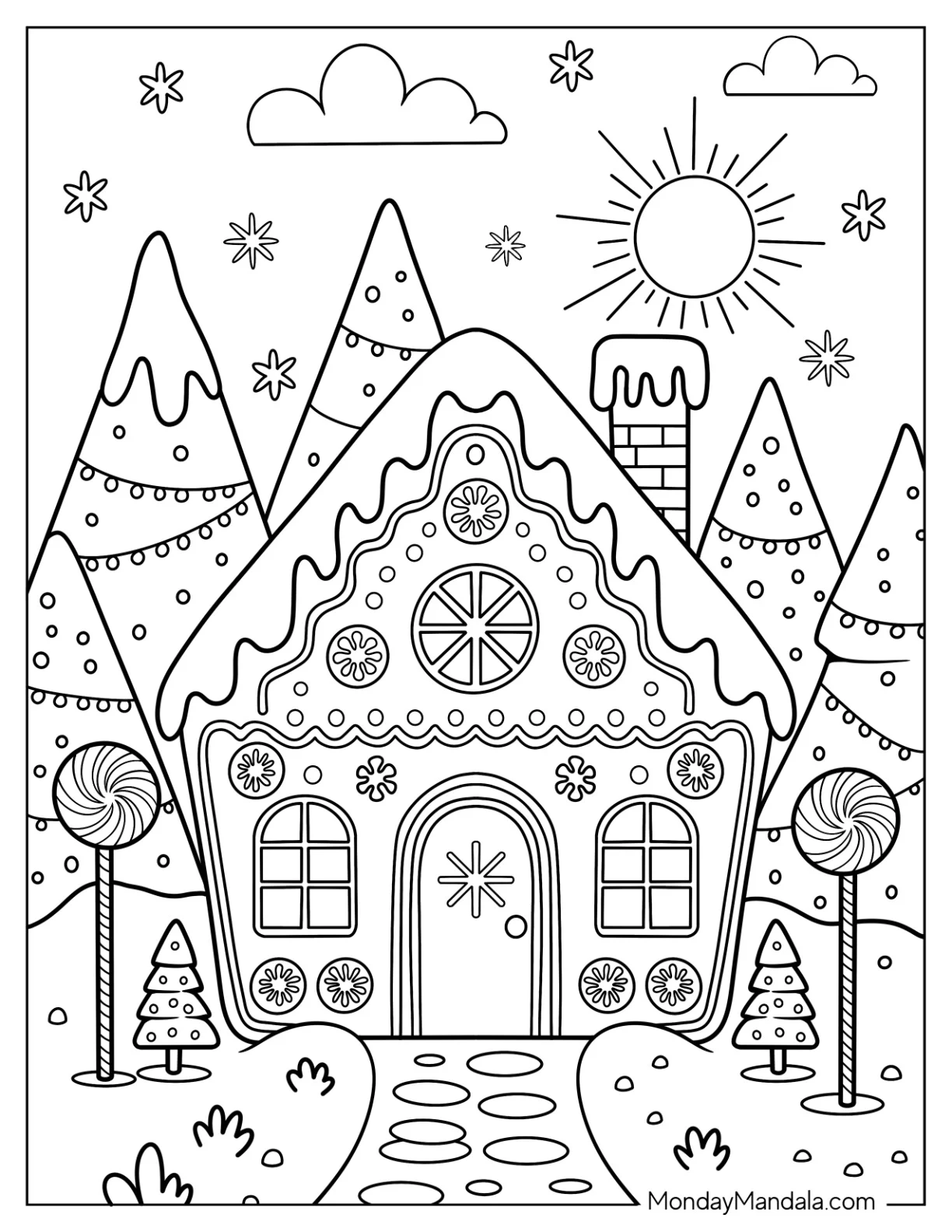 Gingerbread House Coloring Page with Candy Decor Surrounded by Trees and Snowflakes coloring page — printable line art