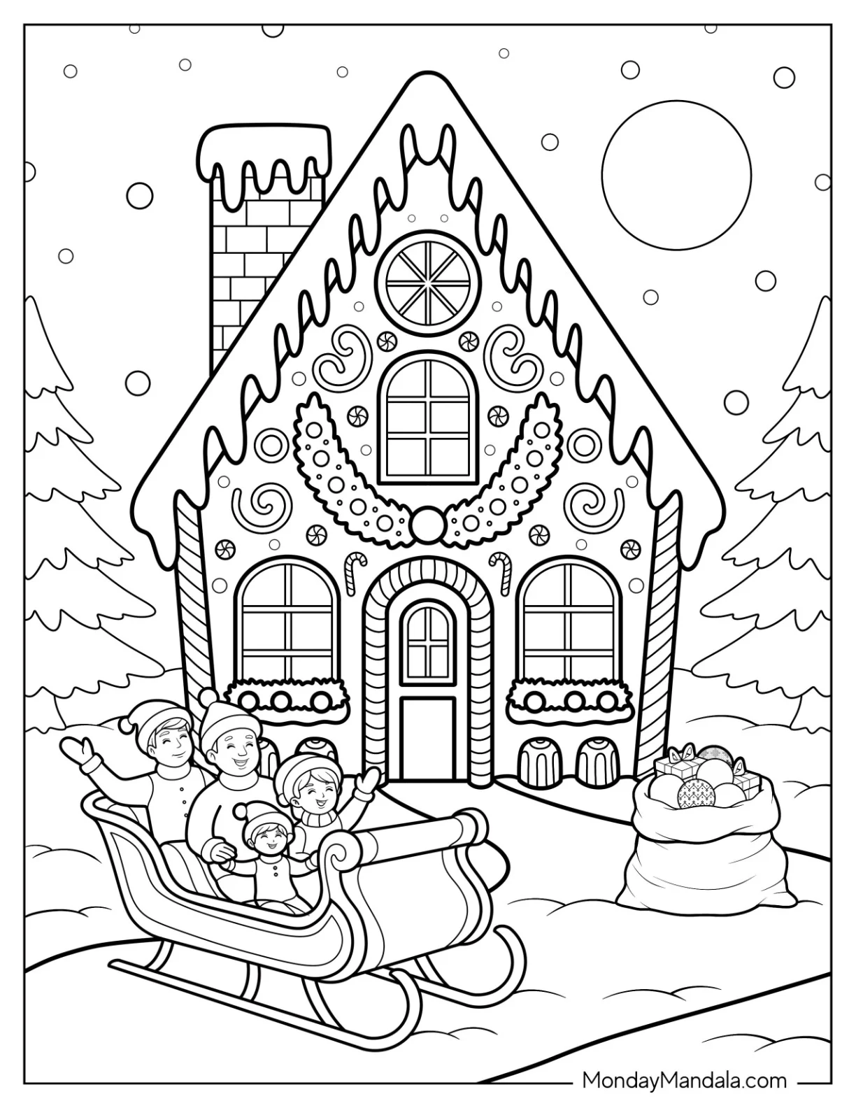 Gingerbread House Coloring Page with Family Sleigh Ride coloring page — printable line art