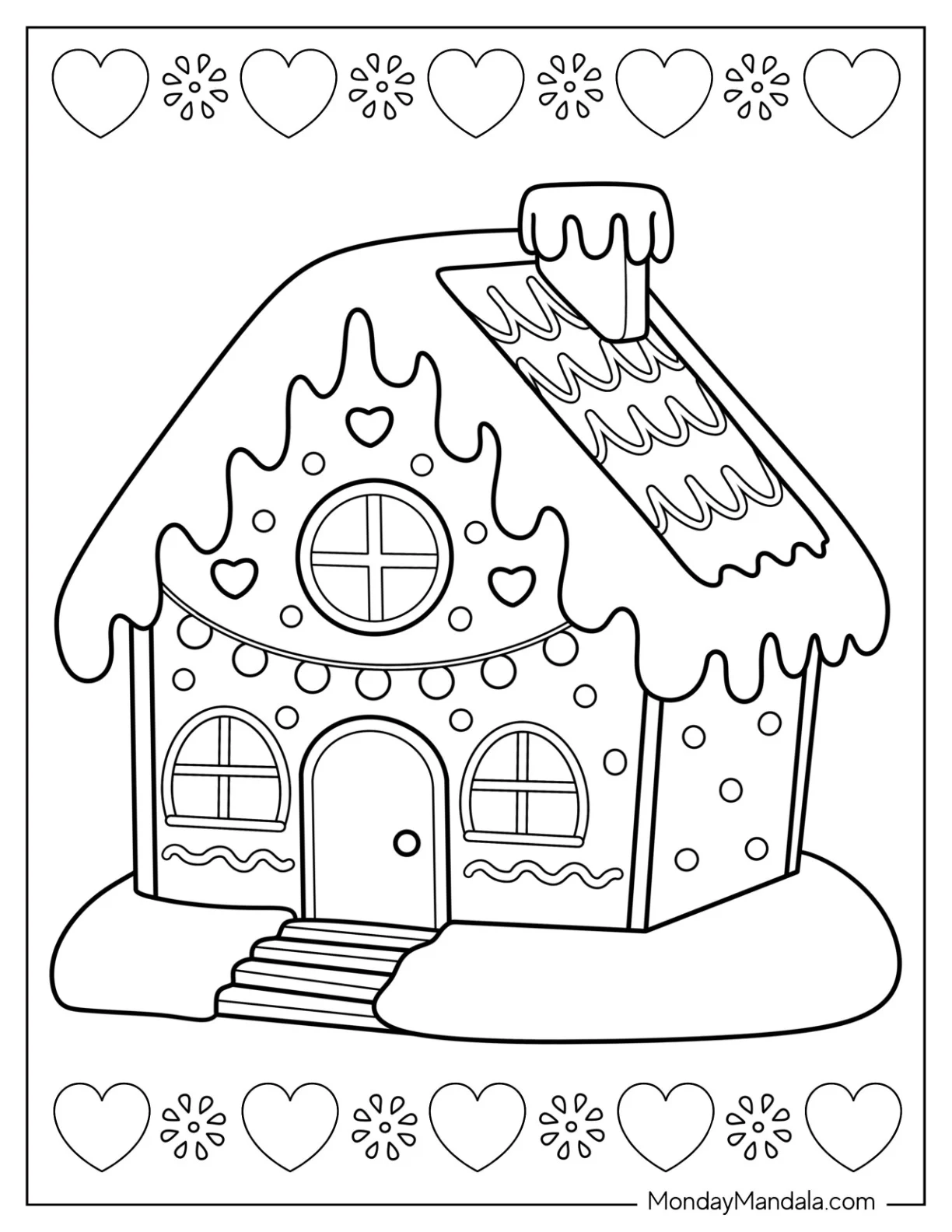Gingerbread House Coloring Page with Heart Candies and Frosted Roof for Preschoolers coloring page — printable line art