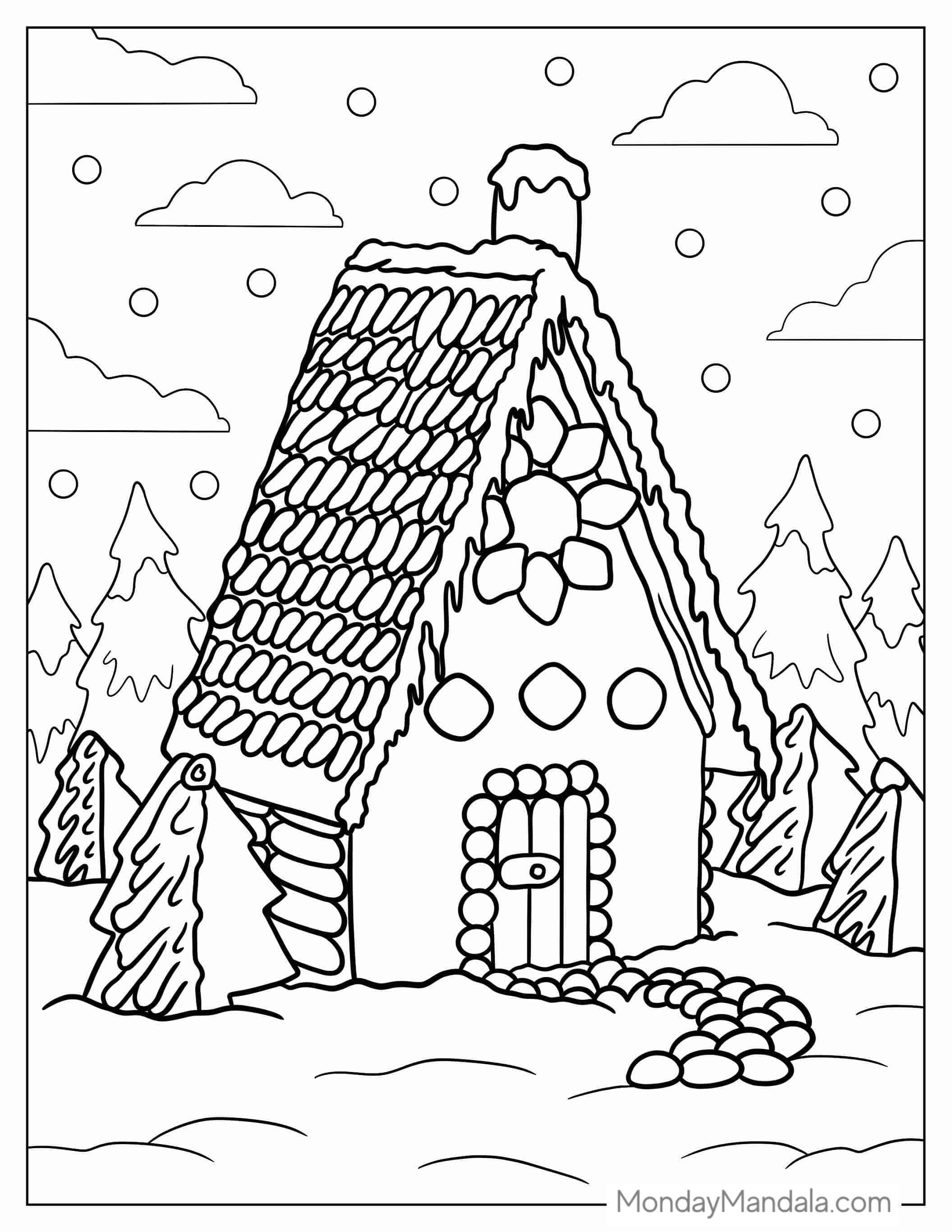 Gingerbread House In a Forest To Color coloring page — printable line art