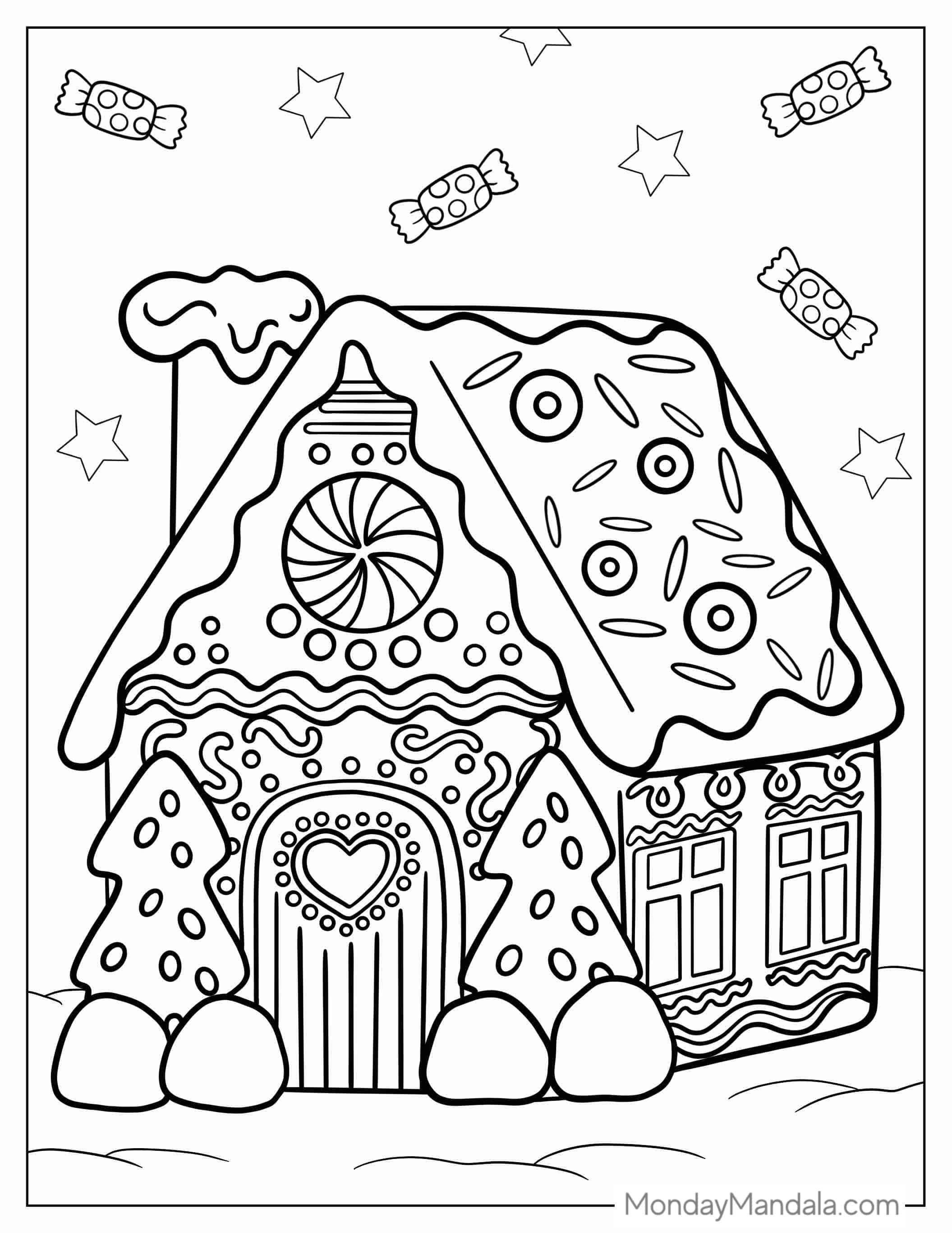 Gingerbread House With Candy And Icing To Color coloring page — printable line art