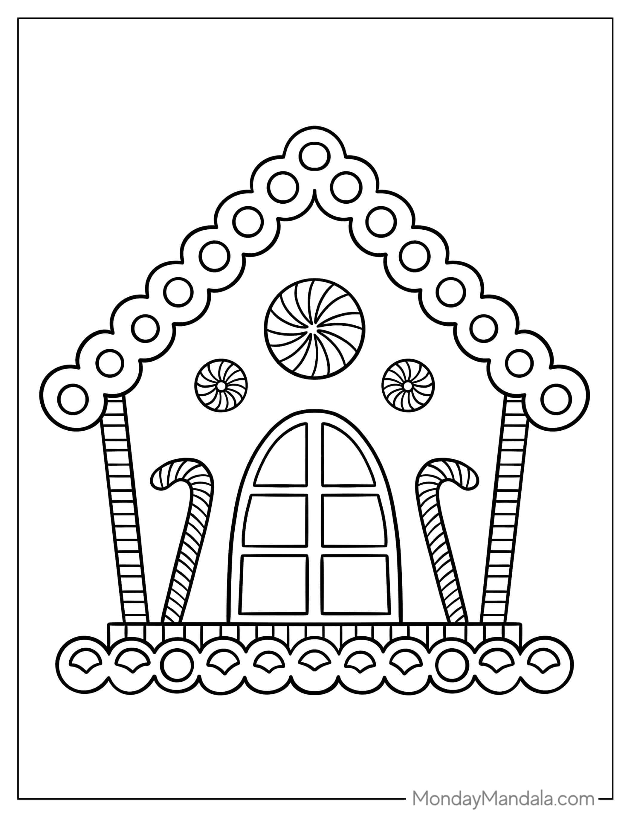 Gingerbread House With Candy Canes To Color For Kids coloring page
