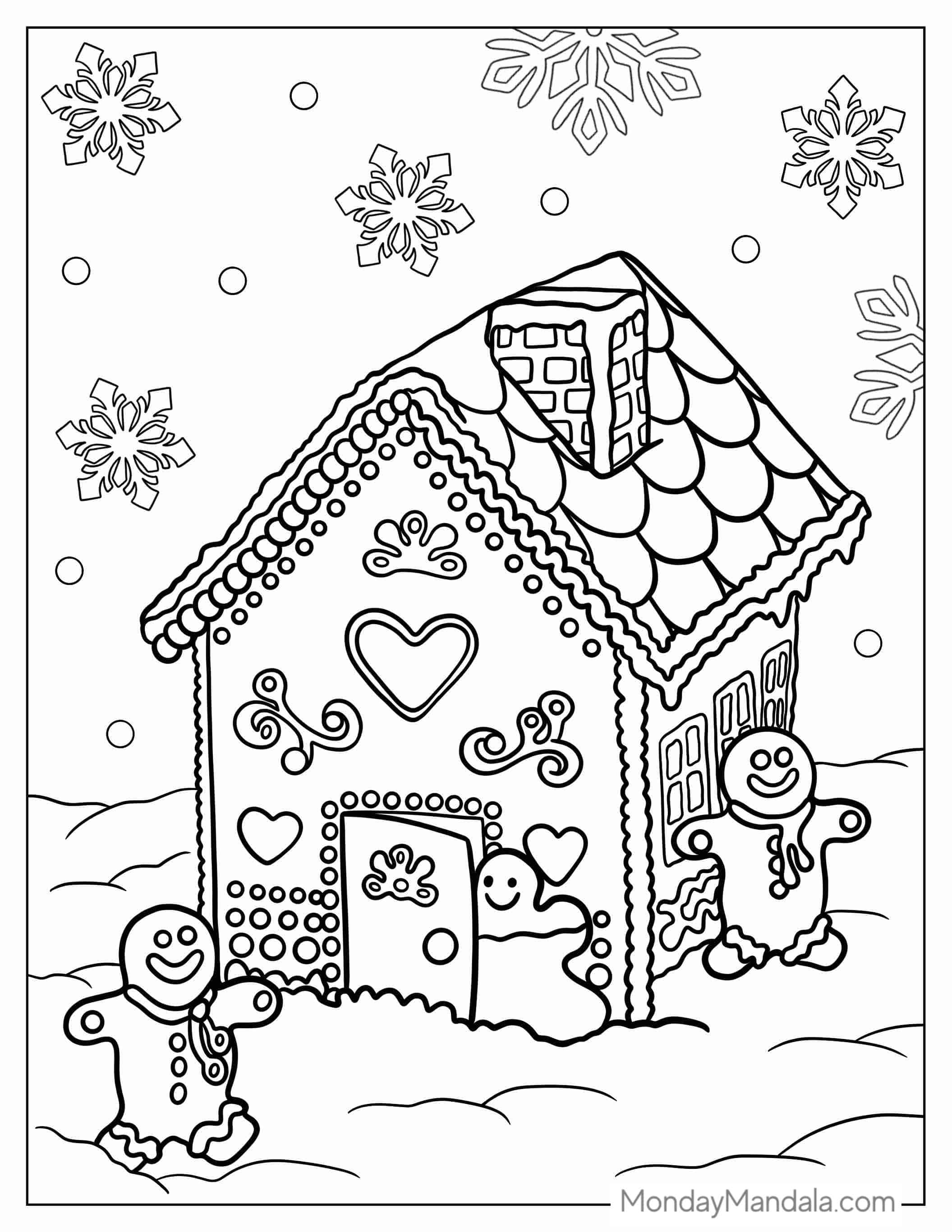 Gingerbread House With Gingerbread Men To Color coloring page — printable line art