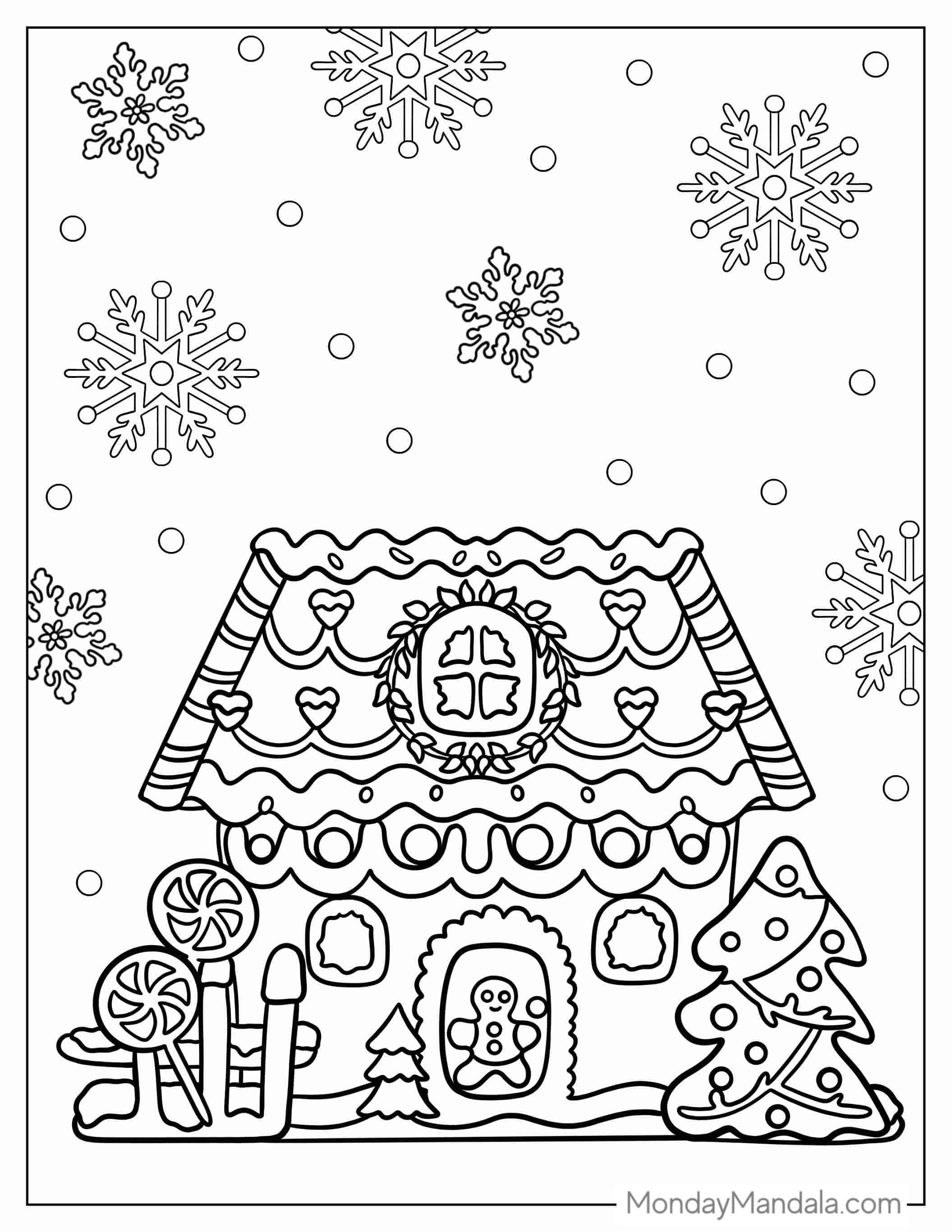 Gingerbread House With Lollipops And Christmas Tree coloring page — printable line art