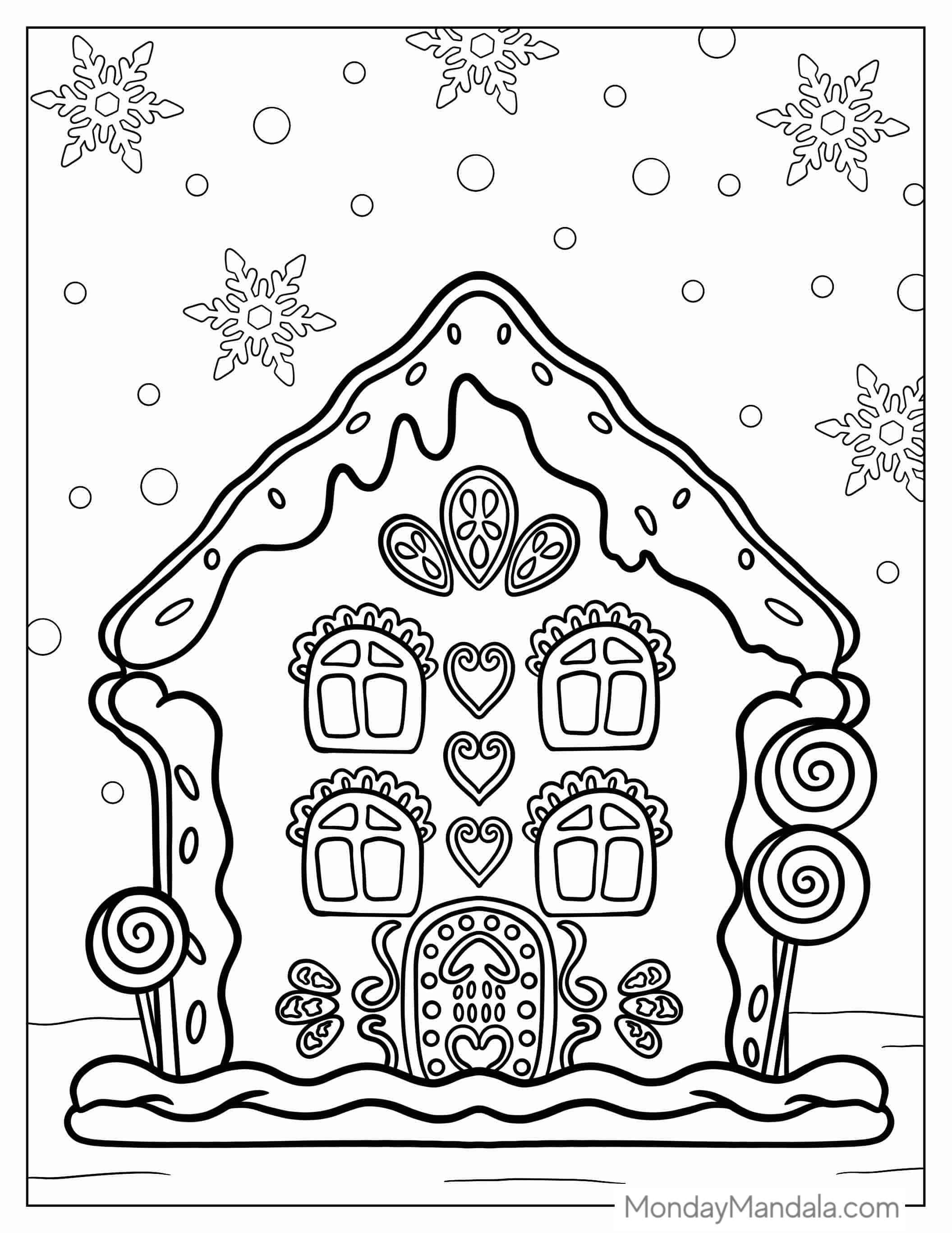 Gingerbread House With Snow Flakes To Color coloring page
