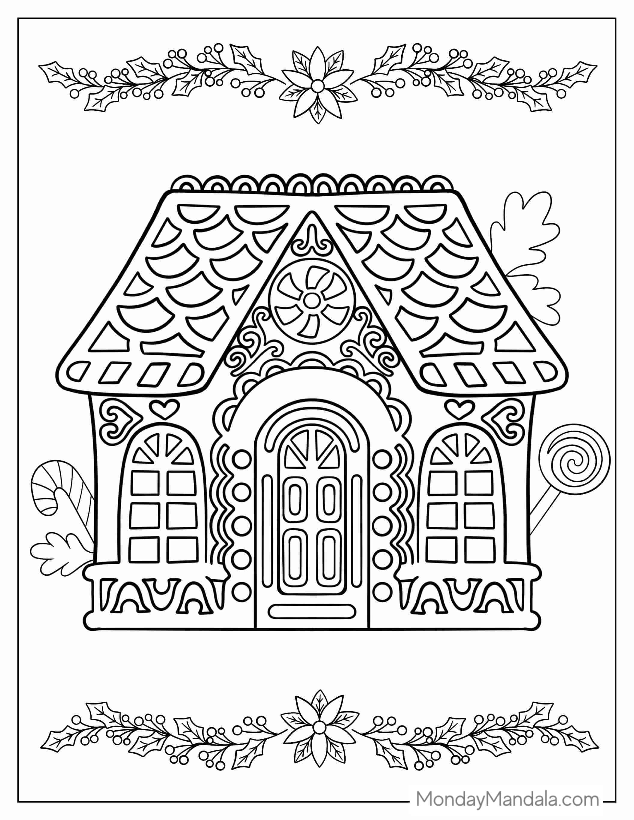 Gingerbread House With Waffle Roof And Mistletoes coloring page