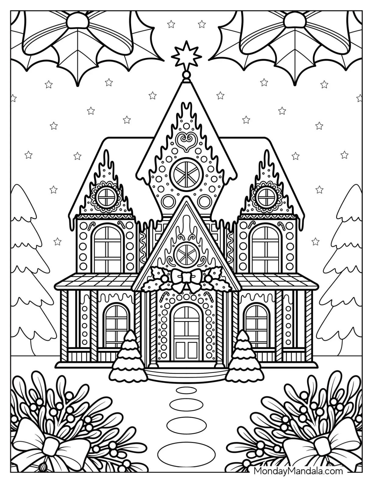 Grand Gingerbread House Coloring Page with Winter Ornaments and Frosted Roof coloring page