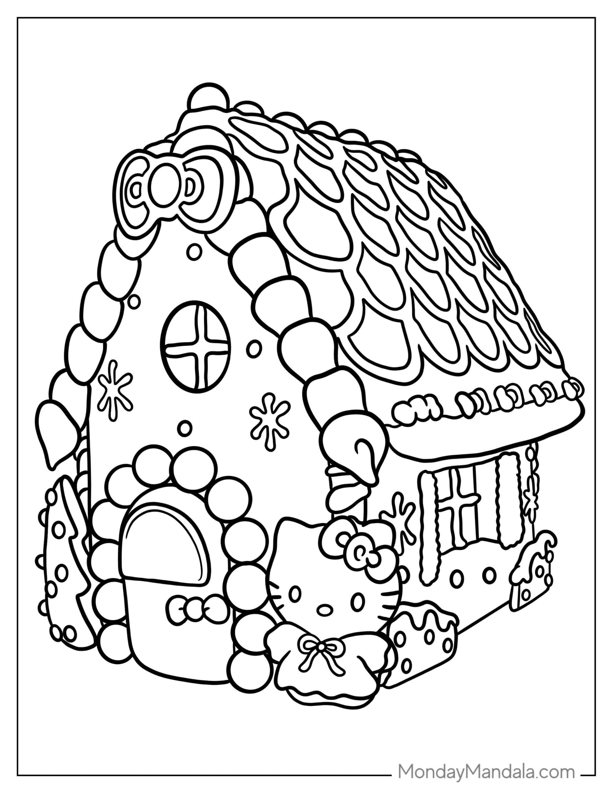 Hello Kitty Gingerbread House Coloring Page coloring page — printable line art