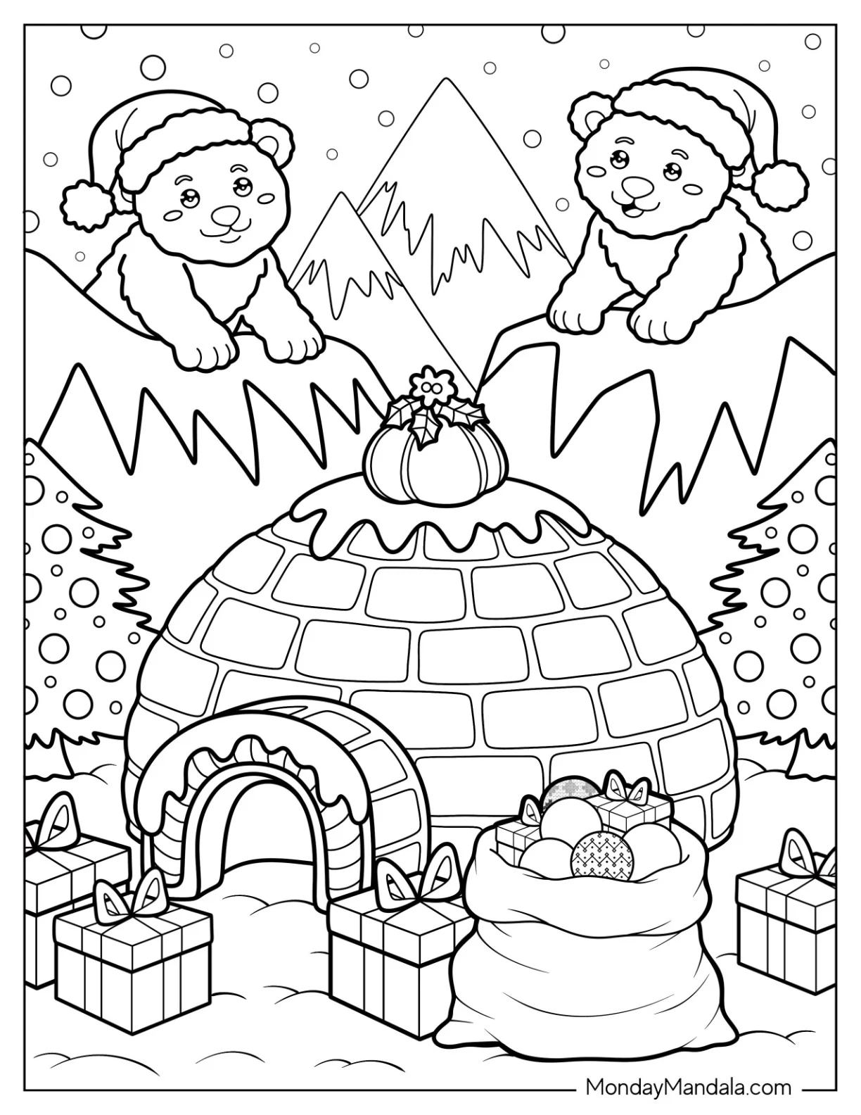 Igloo Gingerbread House Coloring Page Surrounded by Presents and Polar Bear Cubs coloring page