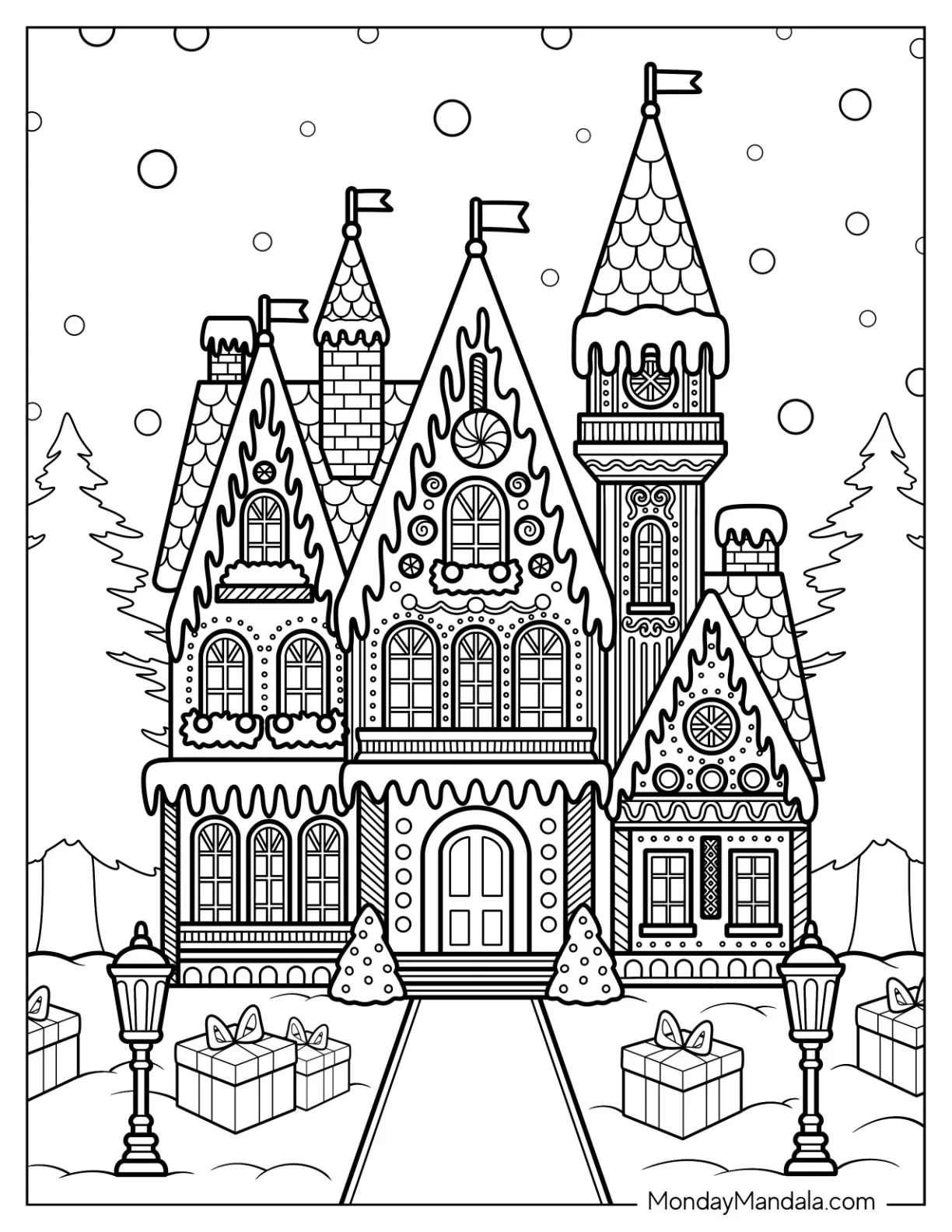 Intricate Gingerbread House Coloring Page in Winter with Presents and Lampposts coloring page
