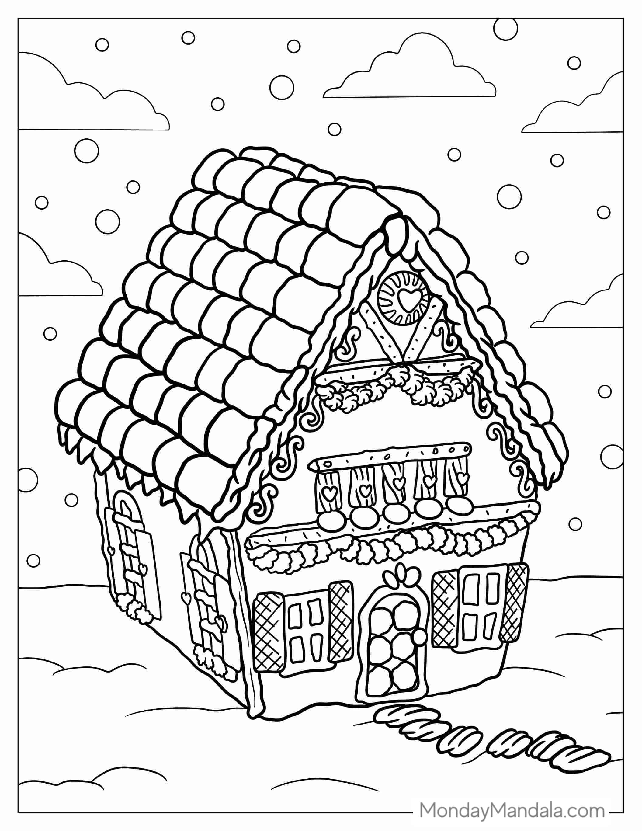 Intricate Gingerbread House In The Snow coloring page — printable line art