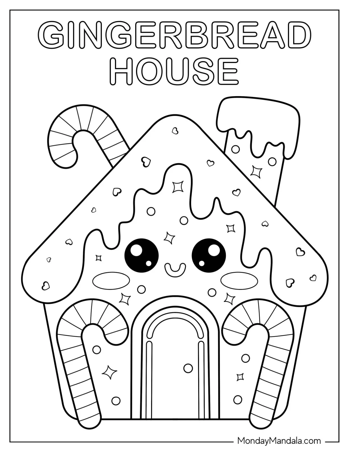 Kawaii Gingerbread House Coloring Page with Candy Canes for Preschoolers coloring page