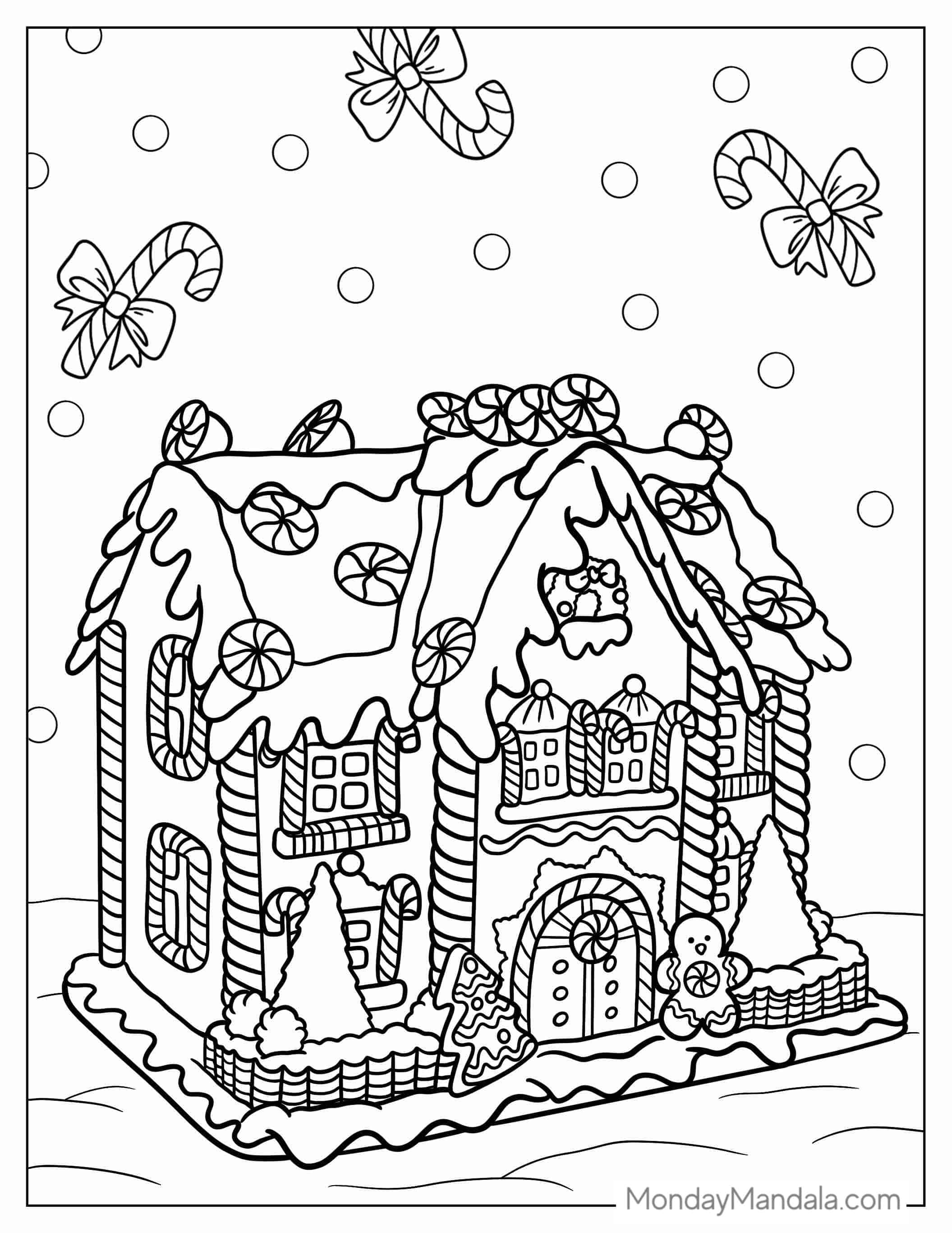 Large Gingerbread Mansion With Gingerbread Man coloring page — printable line art