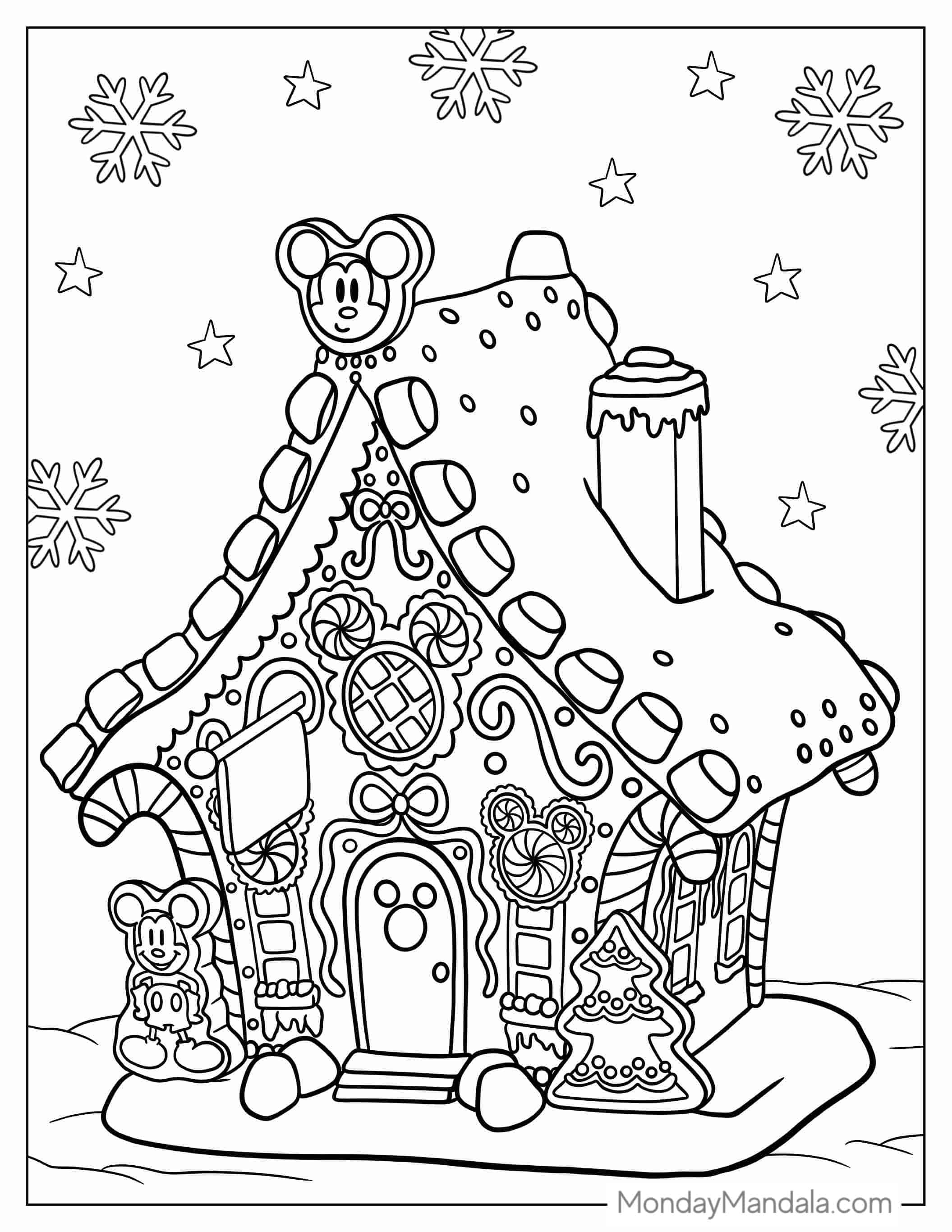 Mickey Mouse With Gingerbread House To Color coloring page — printable line art