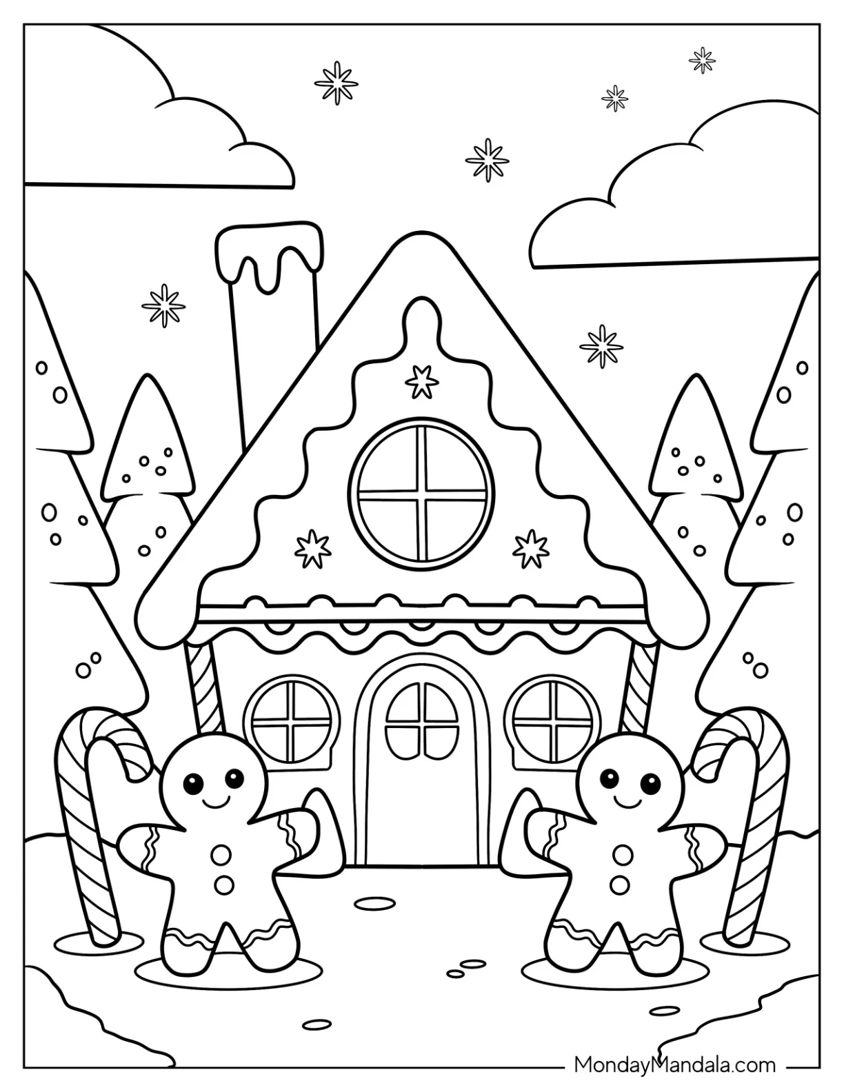 Simple Gingerbread House Coloring Page with Candy Canes and Gingerbread Men Outside for Kids coloring page