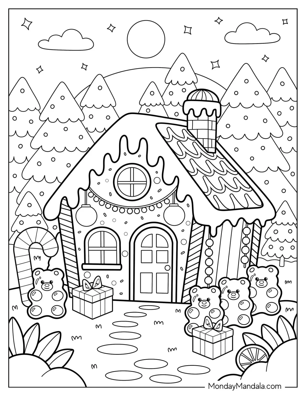 Small Gingerbread House Coloring Page with Gummy Bears, Candy Canes, and Lots of Icing coloring page