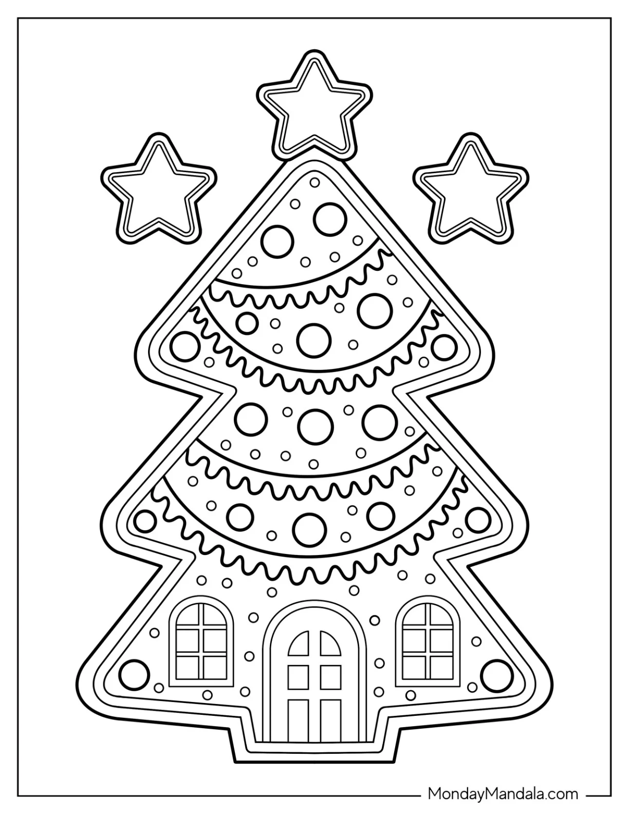 Tree Shaped Gingerbread House Coloring Page with Stars and Icing Decorations for Kids coloring page