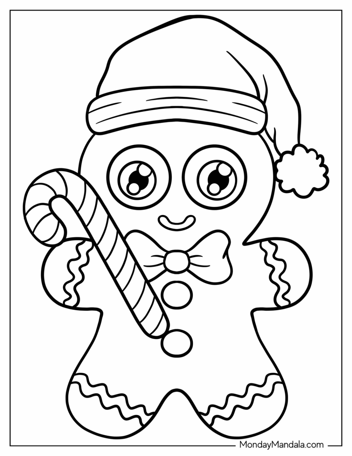 Adorable Gingerbread Man Coloring Page with Santa Hat and Candy Cane Coloring Page For Preschoolers coloring page — printable line art