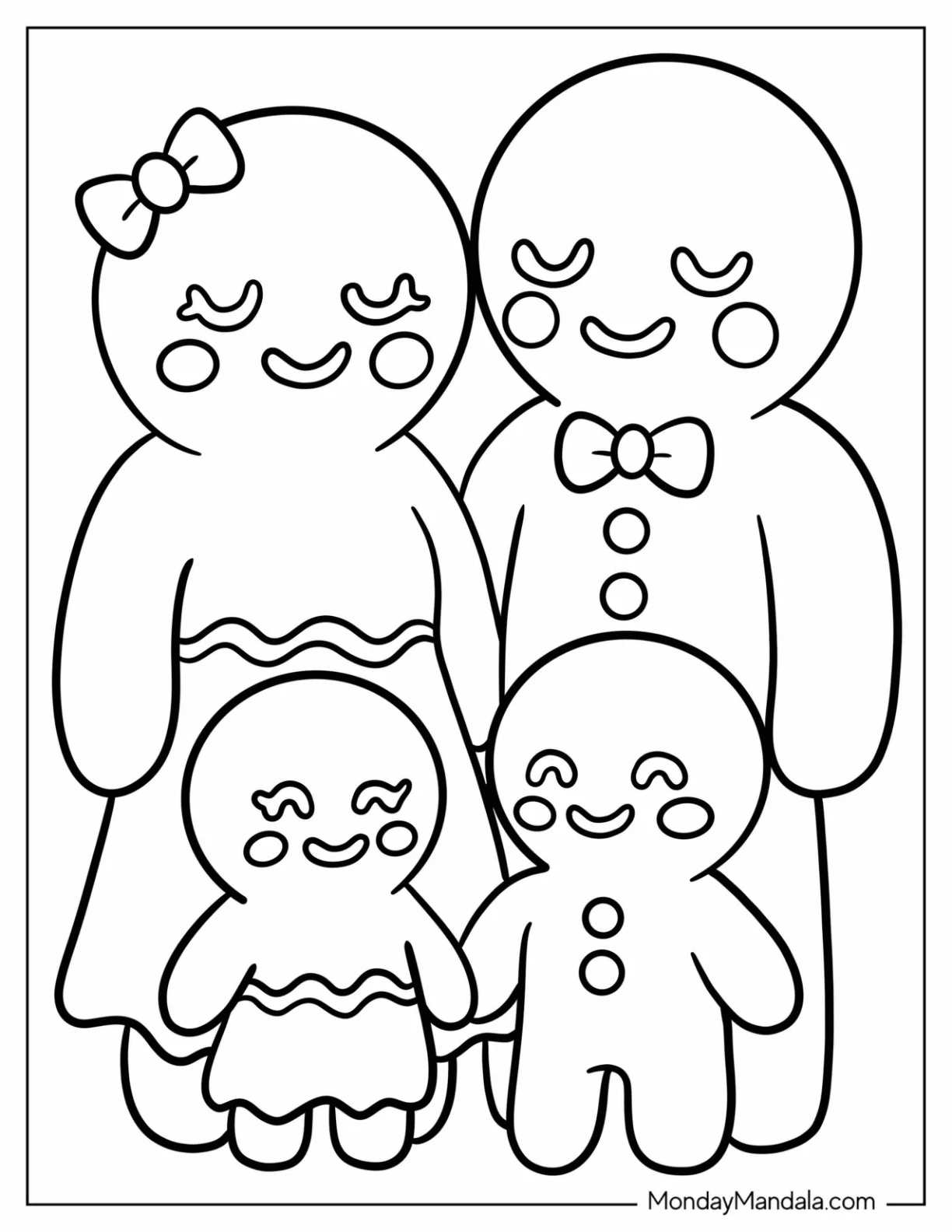 Cute Gingerbread Man Coloring Page Of Family with Bow and Buttons For Preschoolers coloring page — printable line art