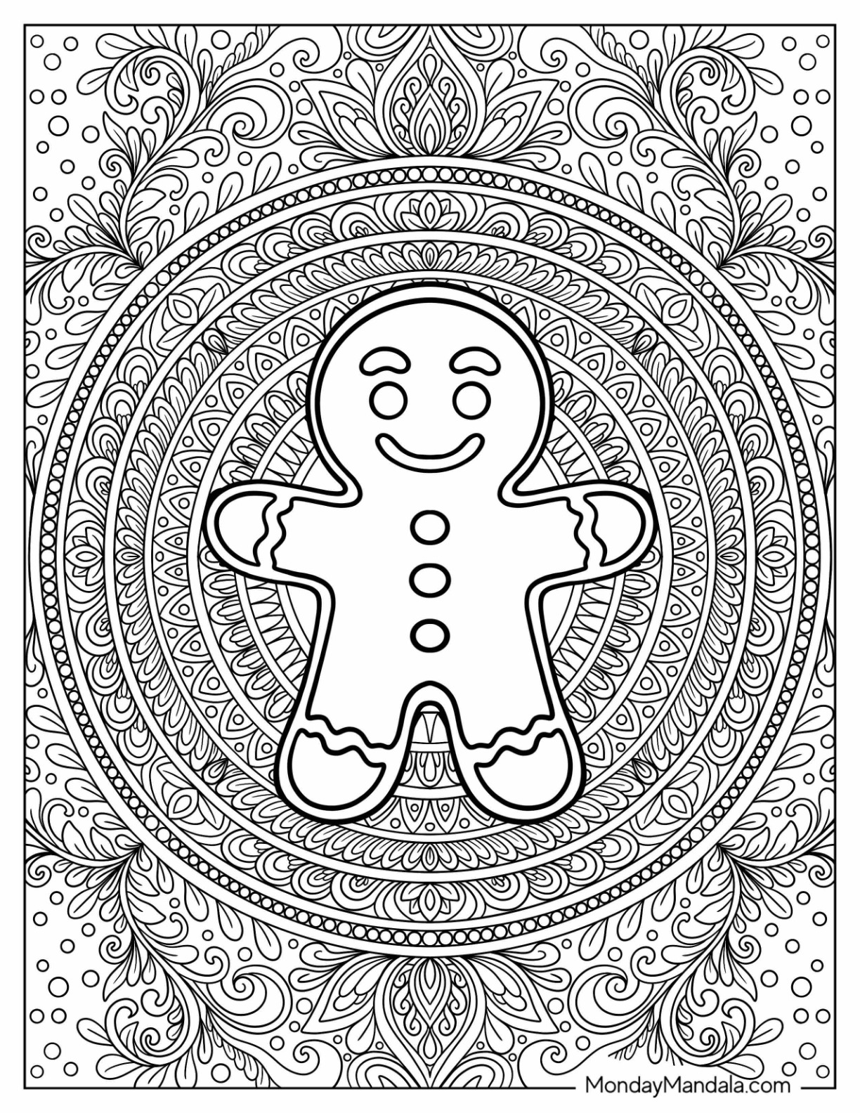 Easy Gingerbread Man Coloring Page In The Middle Of Intricate Mandala For Adults coloring page — printable line art