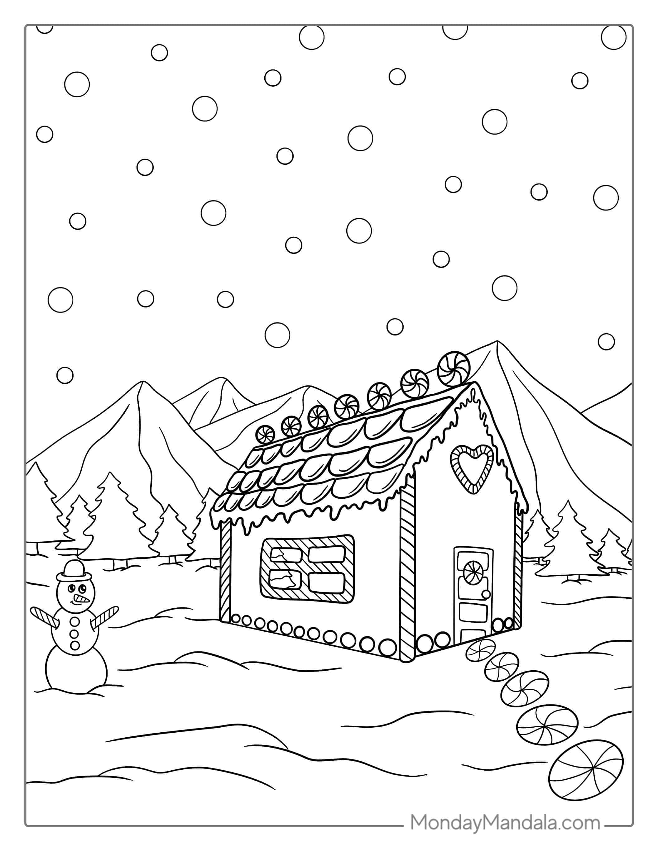 Gingerbread House With Snowman To Color coloring page — printable line art