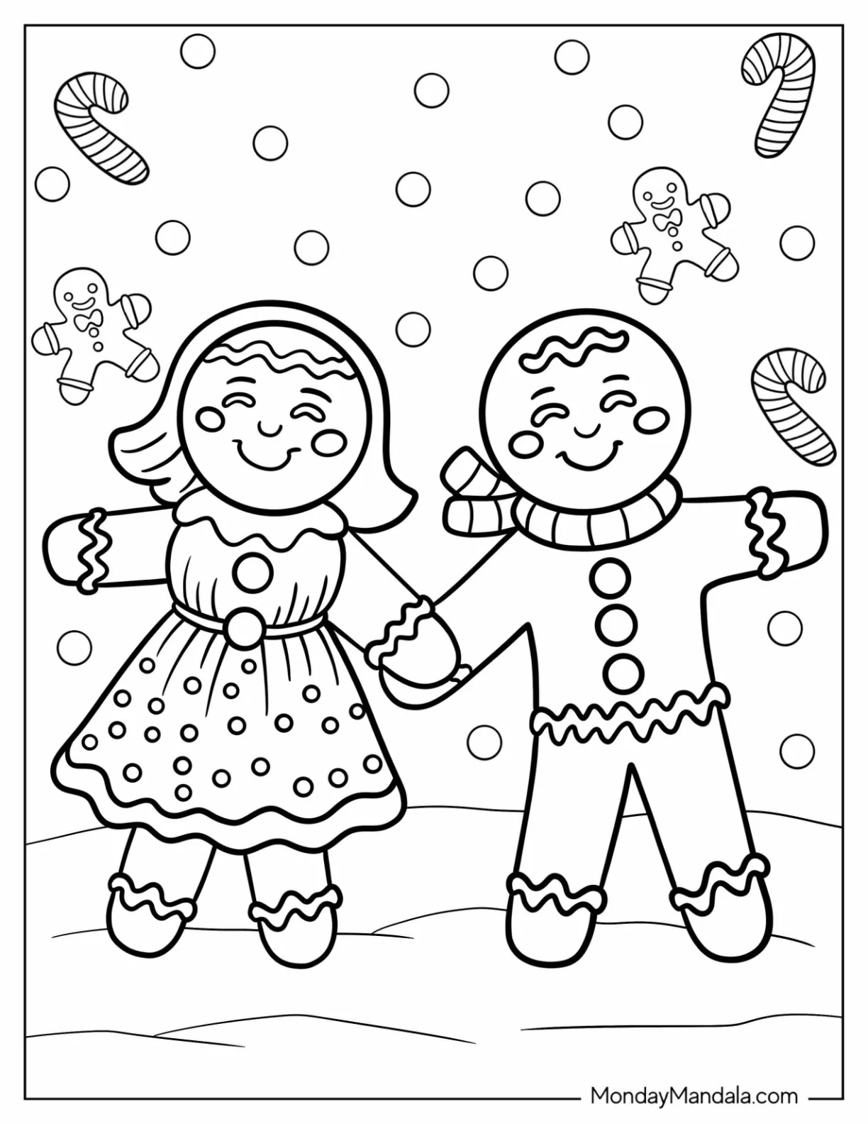 Gingerbread Man Coloring Page and Girl with Candy Canes and Falling Snow coloring page — printable line art