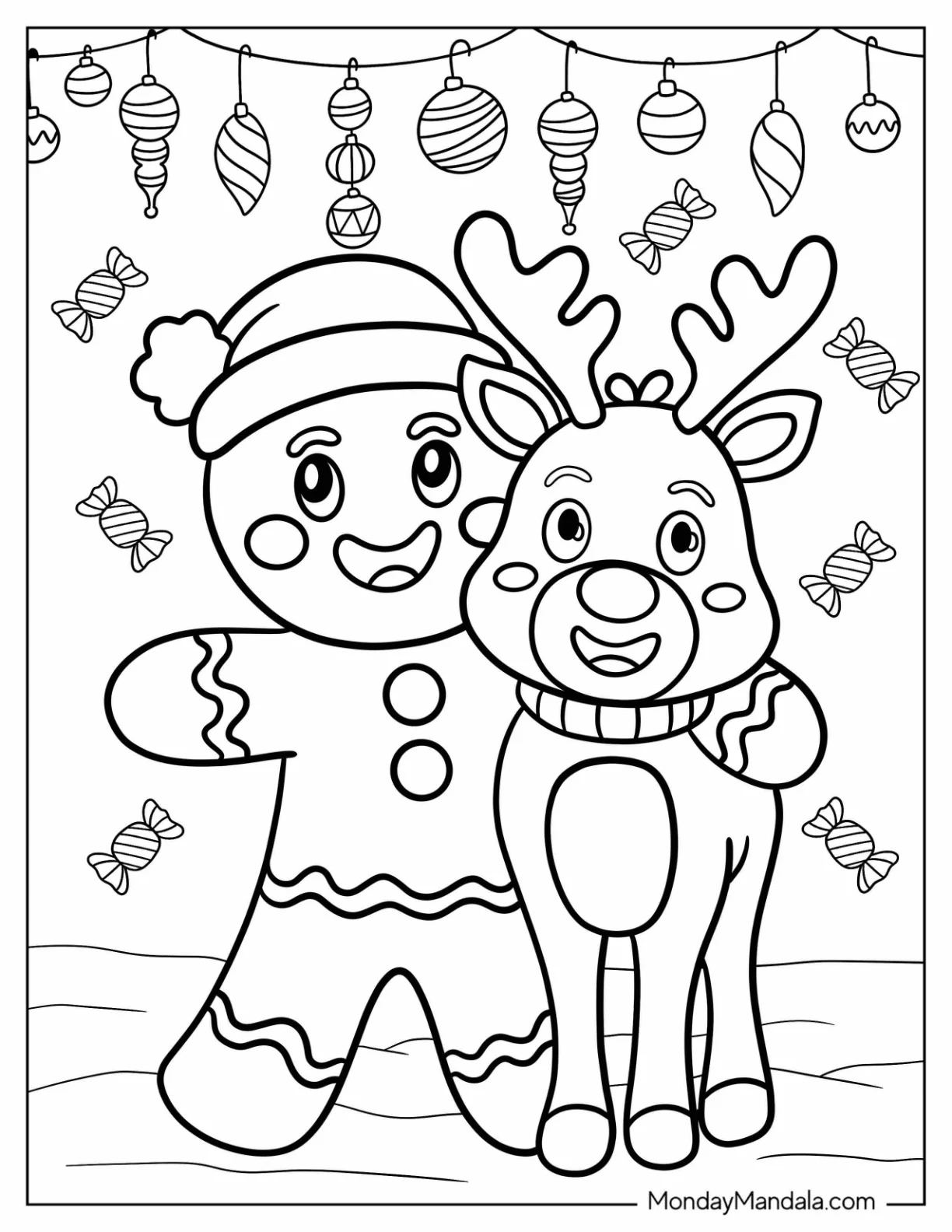 Gingerbread Man Coloring Page Hugging Reindeer with Ornaments and Candy coloring page — printable line art
