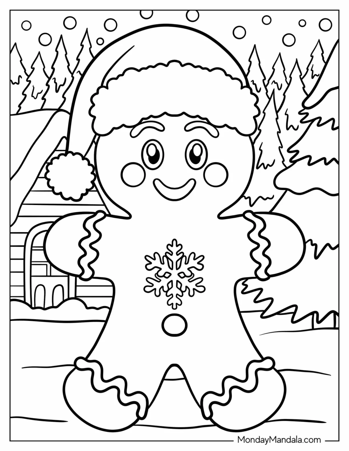 Gingerbread Man Coloring Page in Santa Hat with Snowflake Chest Design coloring page — printable line art