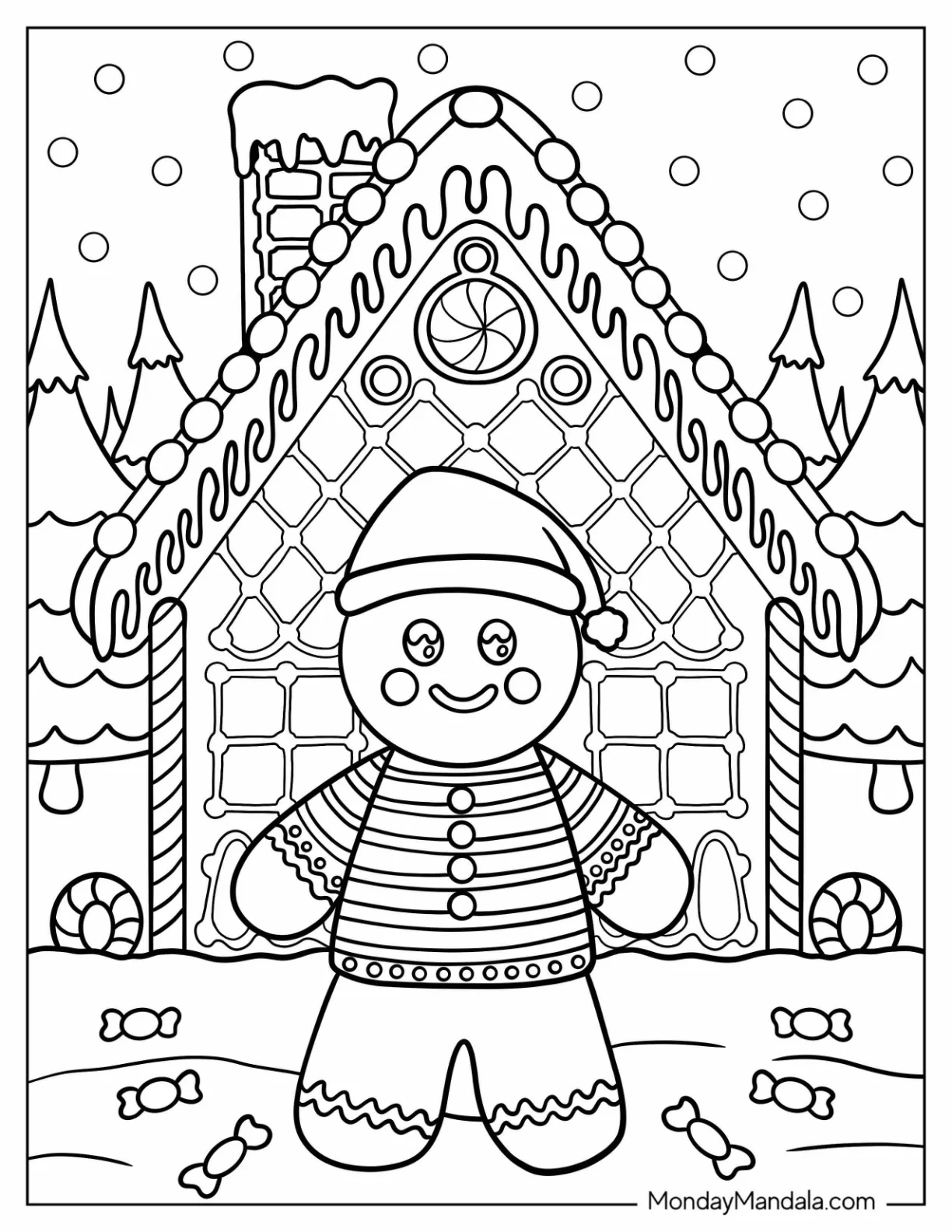 Gingerbread Man Coloring Page In Santa Hat with Snowy House and Candy coloring page