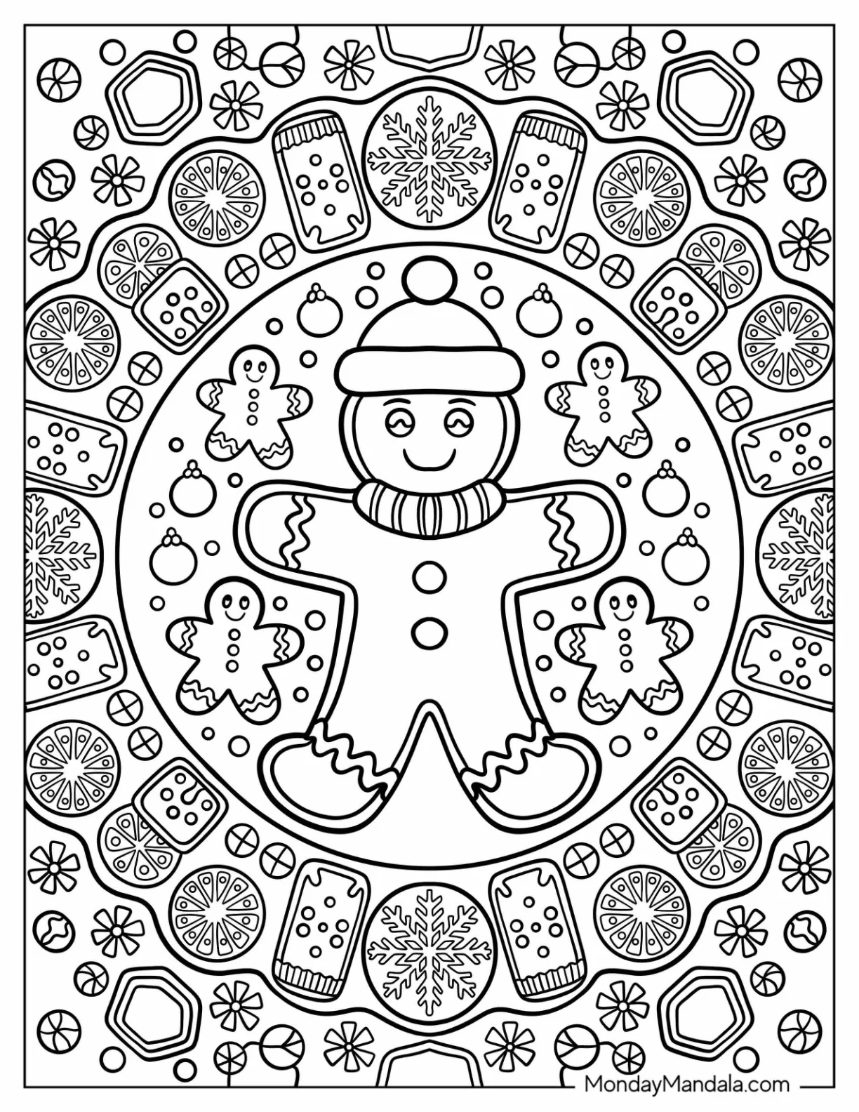 Gingerbread Man Coloring Page In Snowflake And Candy Mandala coloring page — printable line art
