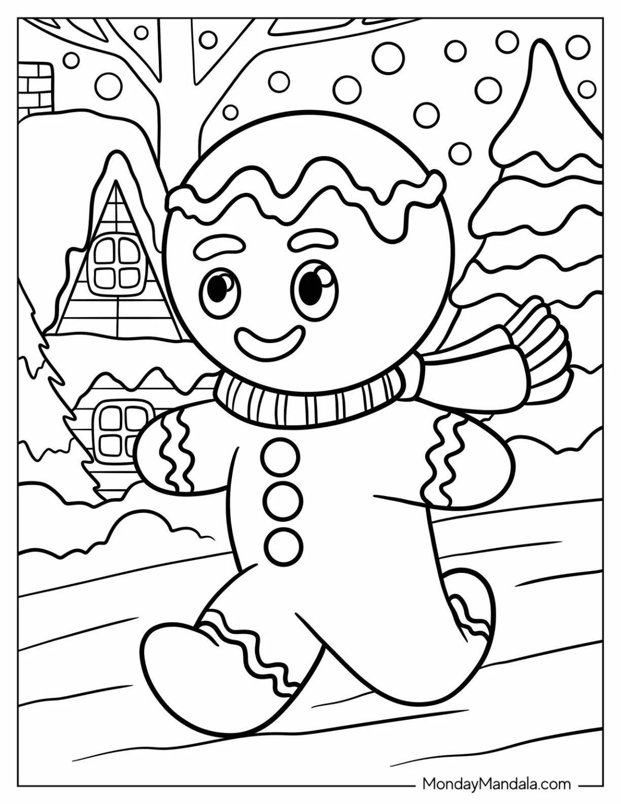 Gingerbread Man Coloring Page Running In Snowy Path On Christmas coloring page