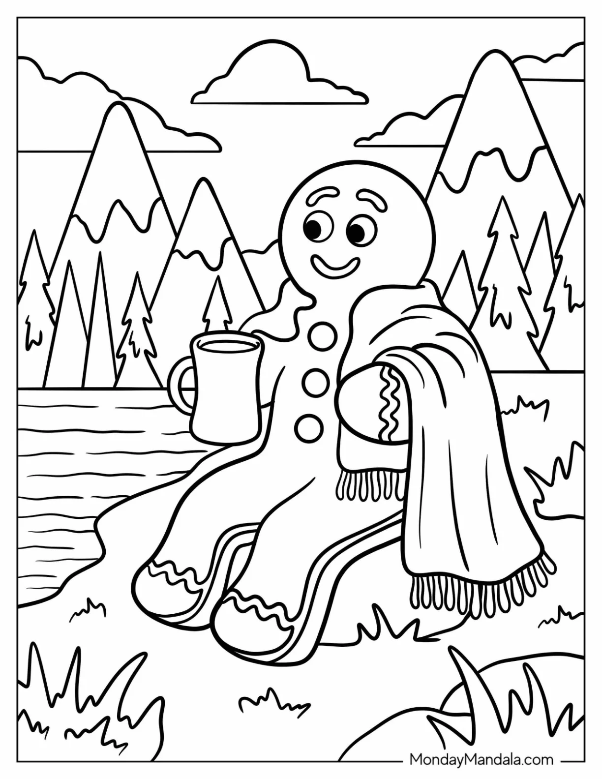 Gingerbread Man Coloring Page with Blanket and Mug by Mountain Lake coloring page — printable line art