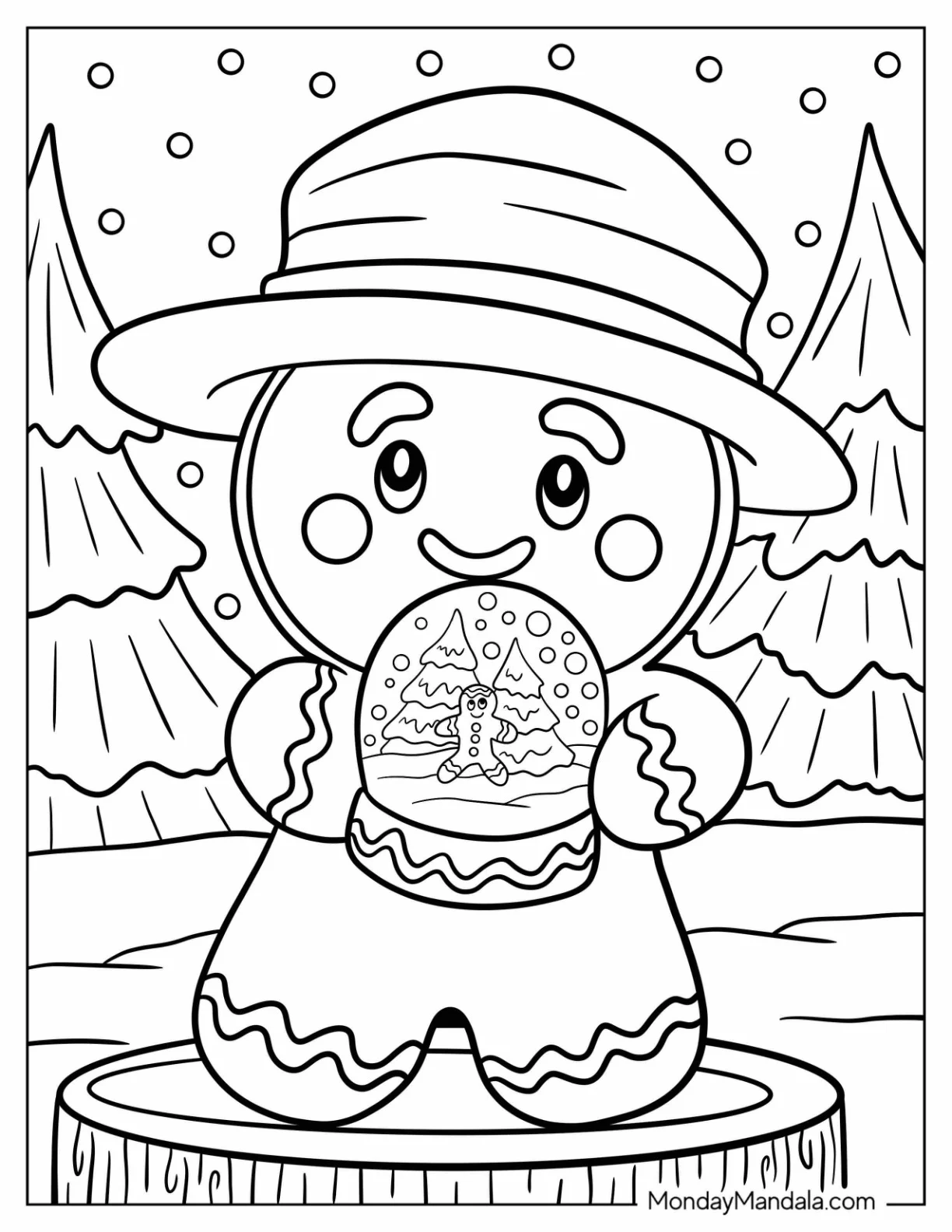 Gingerbread Man Coloring Page with Hat Holding Christmas Snow Globe For Kids coloring page — printable line art