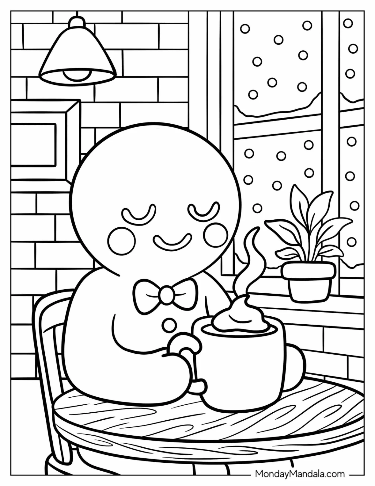 Gingerbread Man Coloring Page With Hot Drink by Snowy Window coloring page