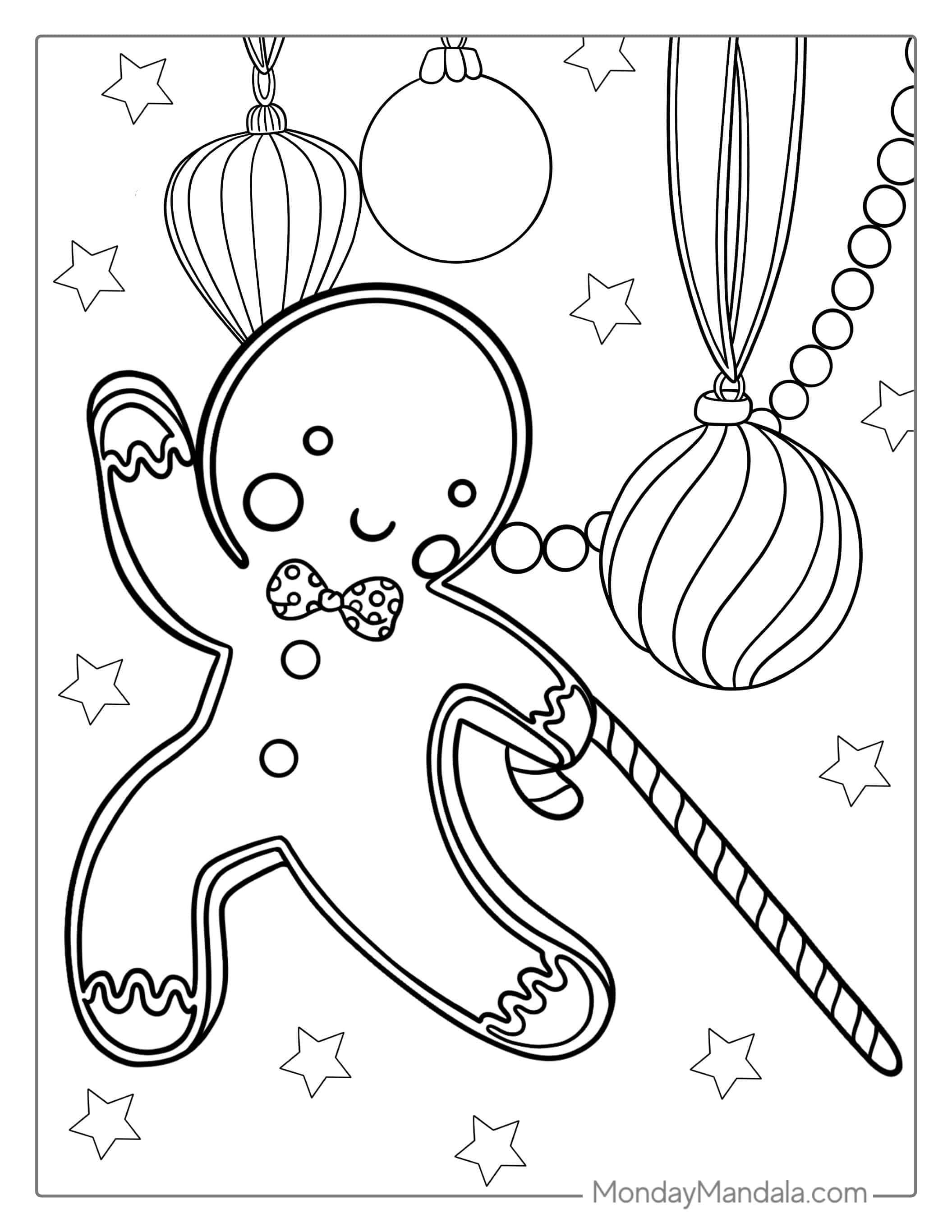 Gingerbread Man Dancing With Candy Cane coloring page — printable line art