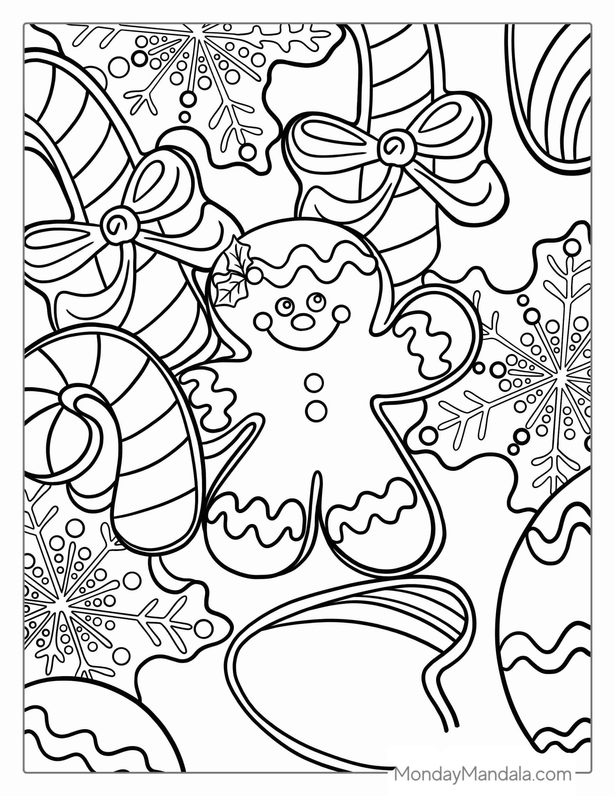 Gingerbread Man With Ornaments And Snowflakes coloring page — printable line art