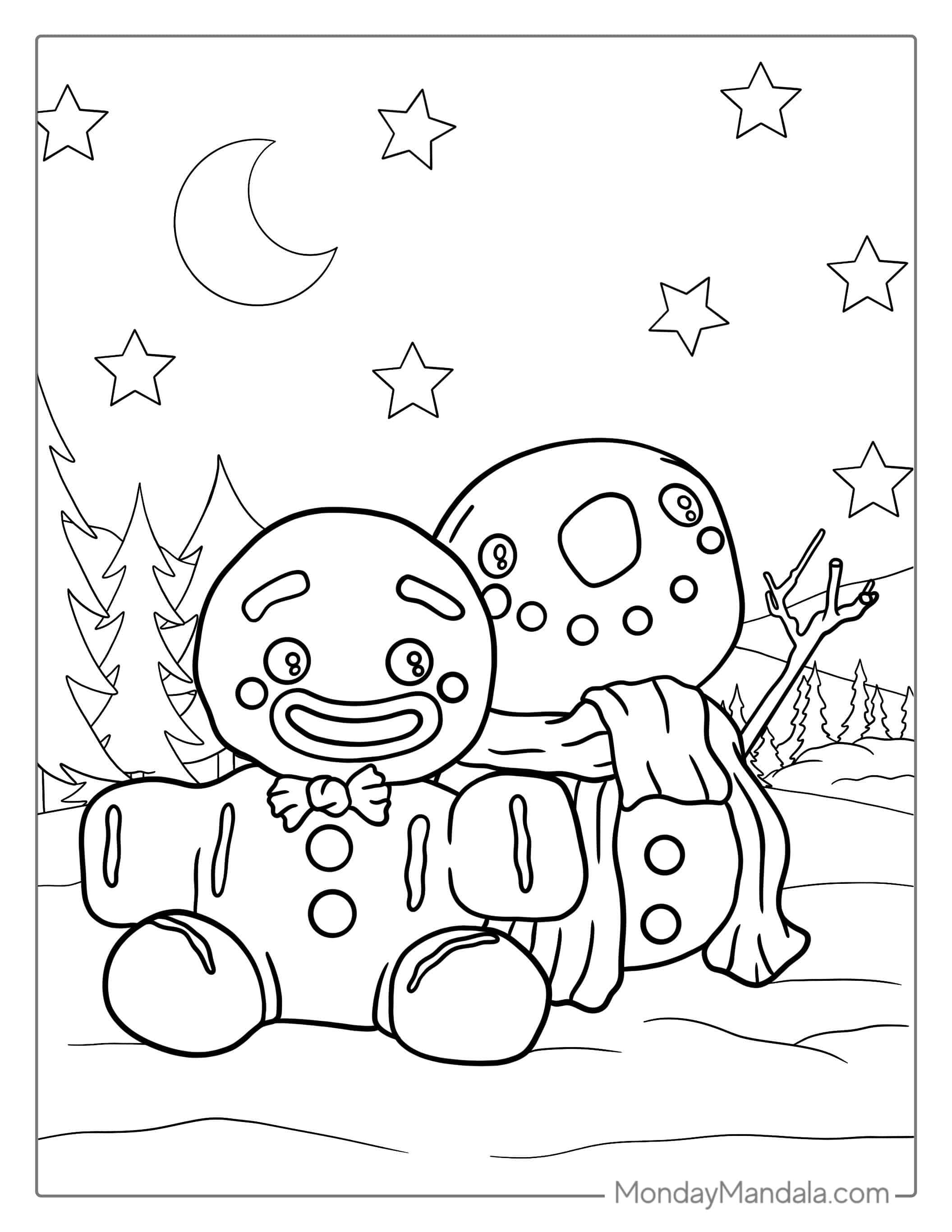 Gingerbread Man With Snowman To Color coloring page