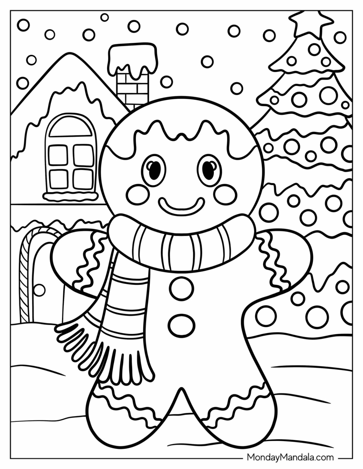 Holiday Gingerbread Man Coloring Page with Scarf and Festive Background For Kids coloring page