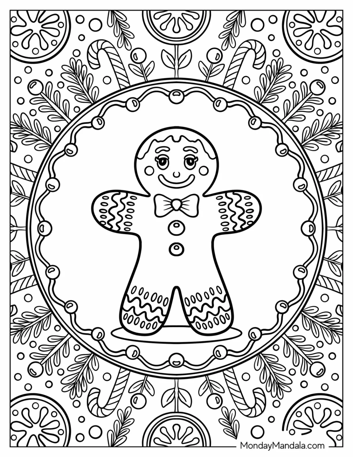Intricate Mandala Design with Gingerbread Man Coloring Page and Candy Decorations coloring page — printable line art