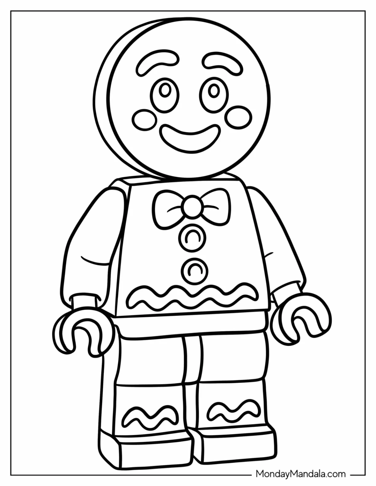 Lego Gingerbread Man Coloring Page in Christmas Outfit For Kids coloring page — printable line art
