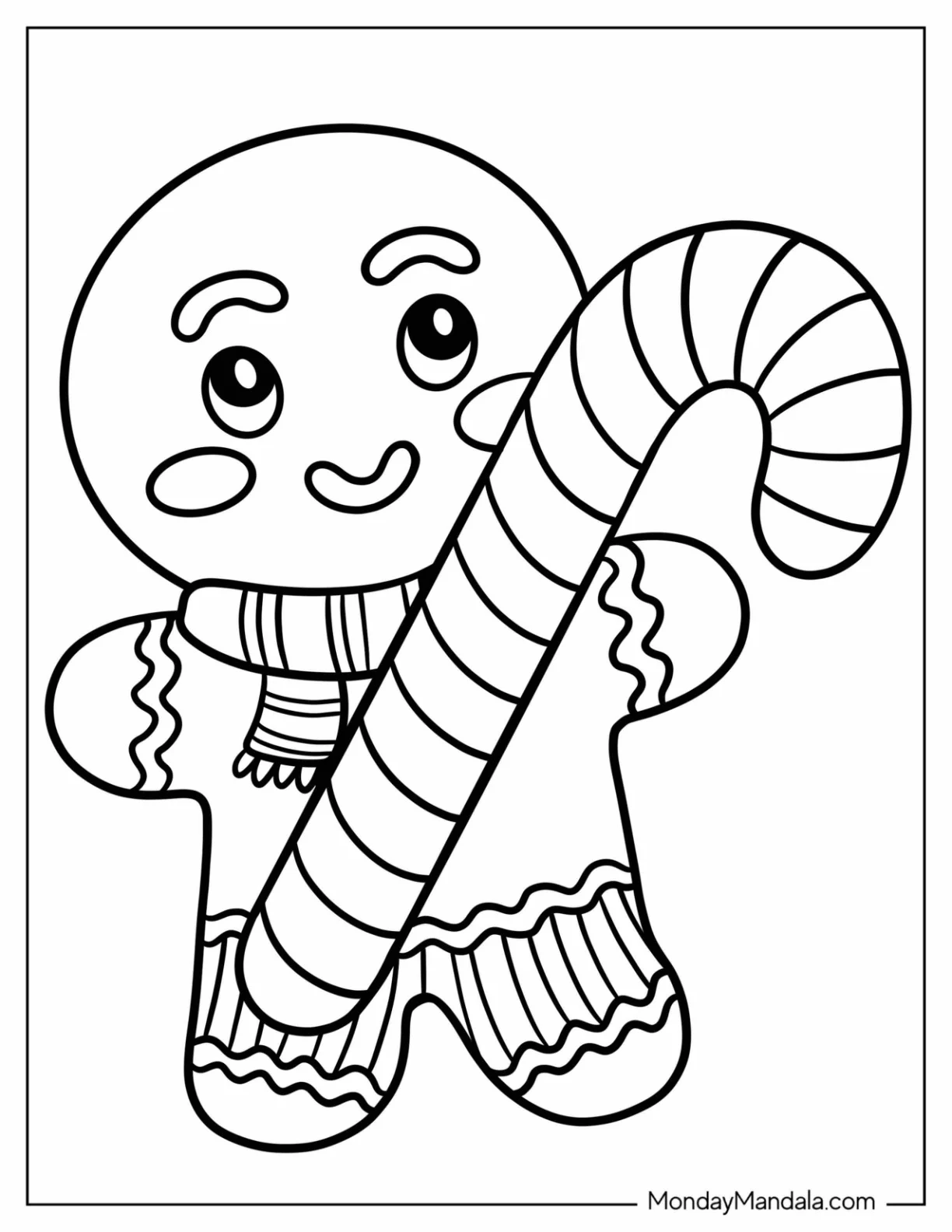 Simple Gingerbread Man Coloring Page in Sweater with Large Candy Cane For Kids coloring page