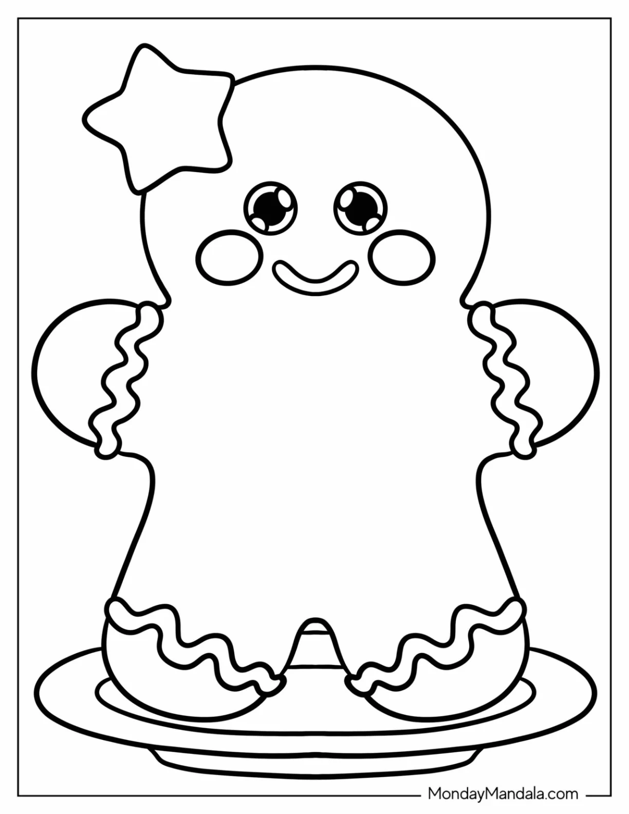 Simple Gingerbread Man Coloring Page on Plate with Star For Preschoolers coloring page — printable line art