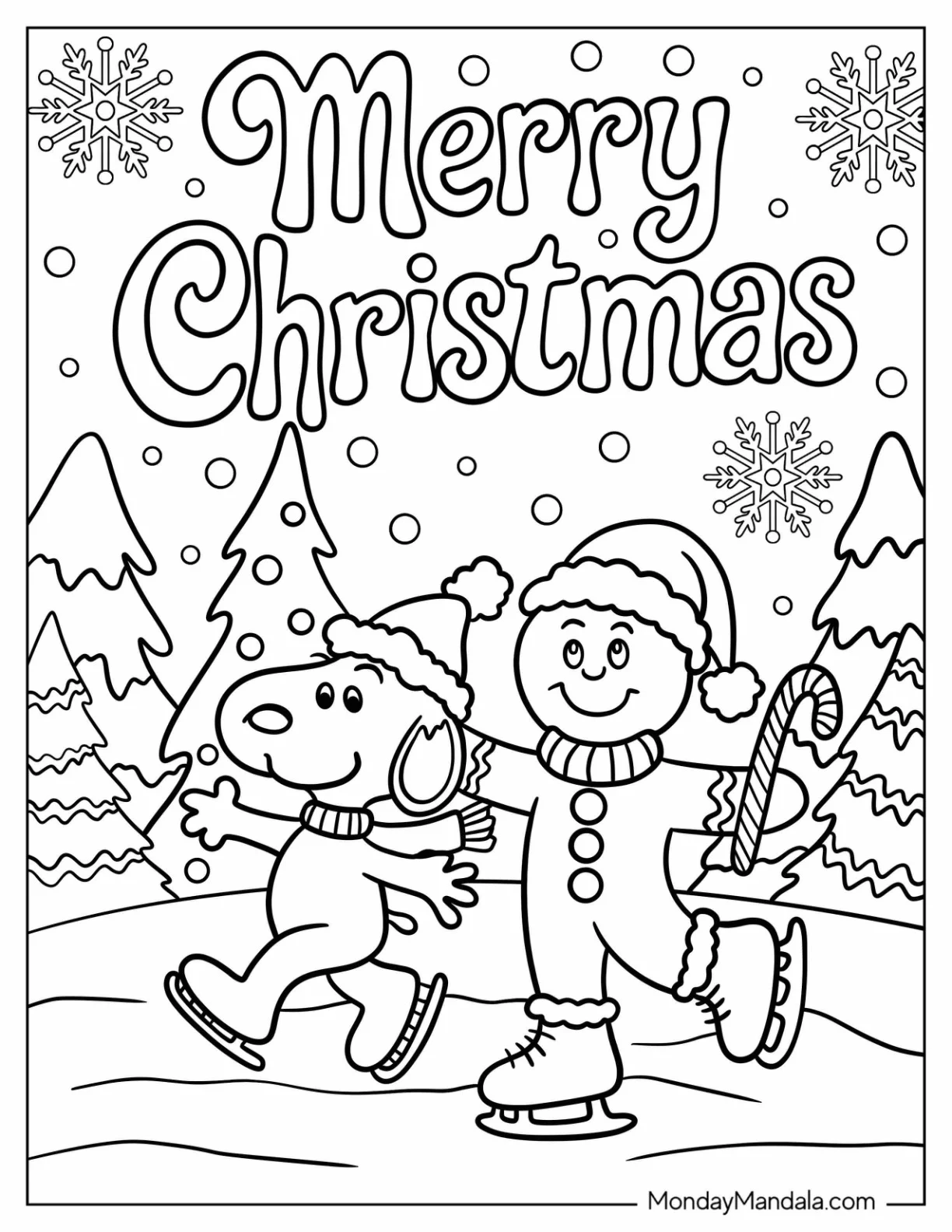 Snoopy Skating with Gingerbread Man Coloring Page Under Snowy Trees coloring page
