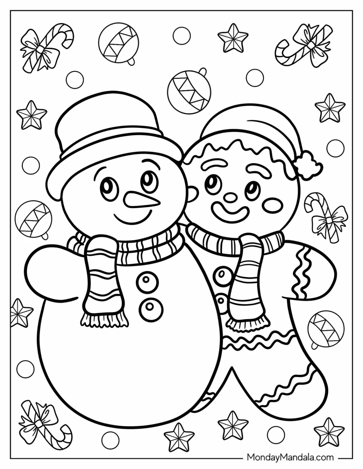 Snowman in Hat with Gingerbread Man Coloring Page on Christmas coloring page