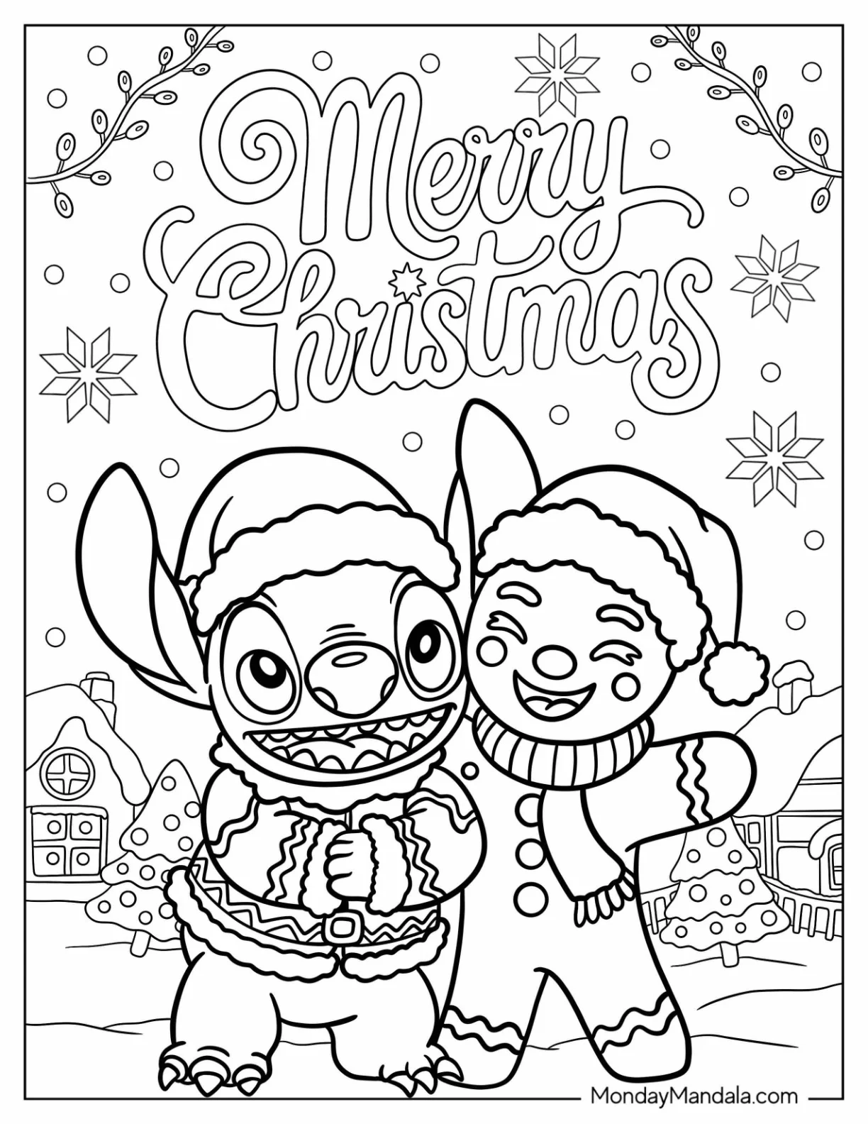 Stitch and Gingerbread Man Coloring Page with Santa Hats With Snowy Christmas Background coloring page