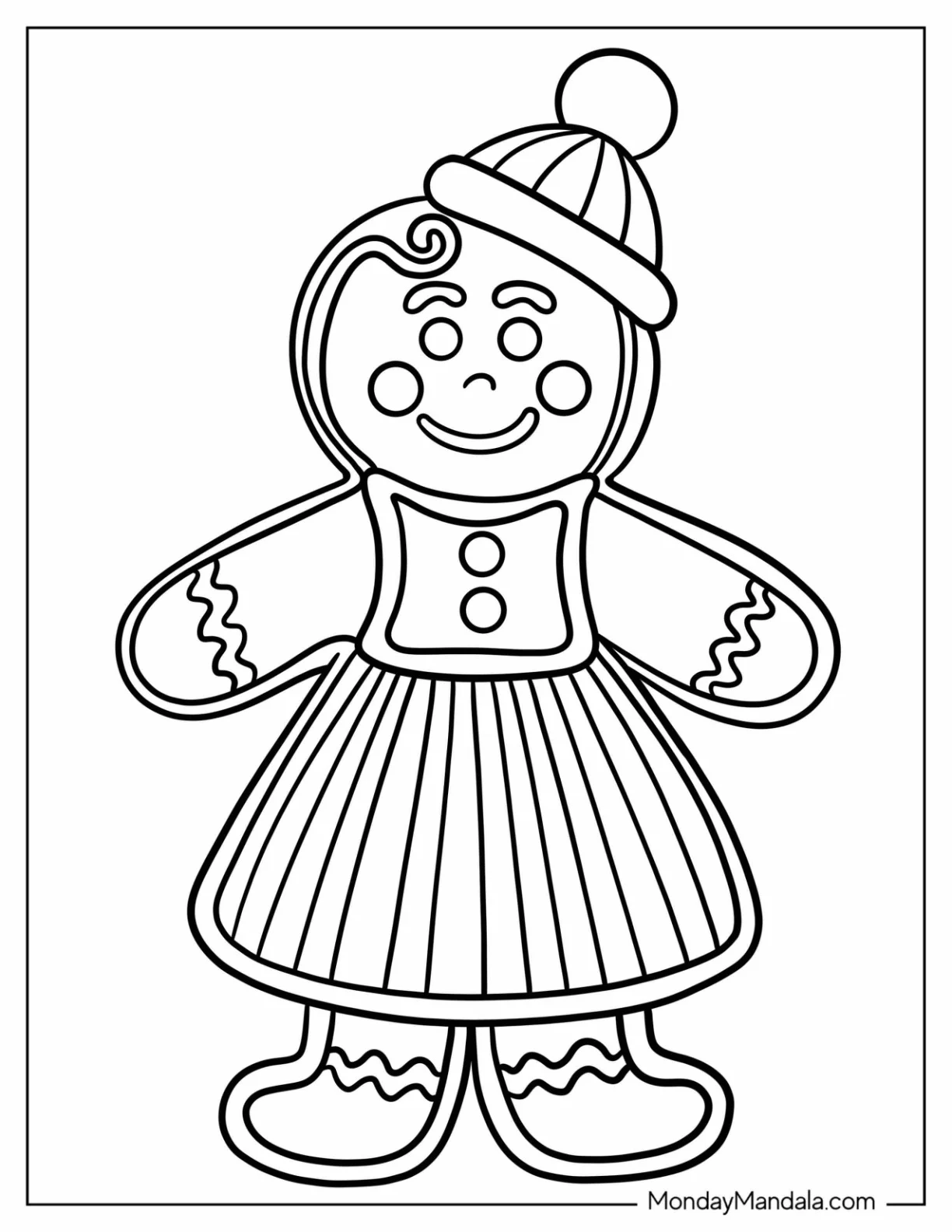 Winter Gingerbread Girl with Dress and Hat Coloring Sheet For Kids coloring page