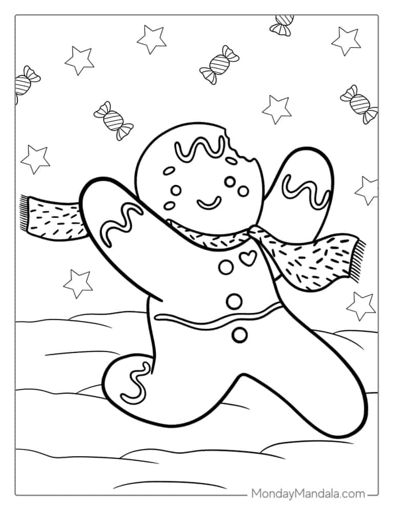 Winter Themed Gingerbread Man With Bite Missing coloring page — printable line art