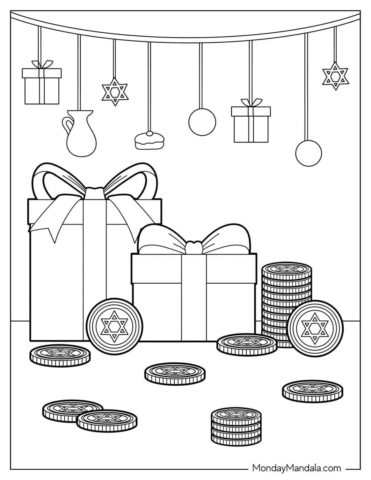 Boxed Presents With Bows And Chocolate Gelts Coloring Page coloring page